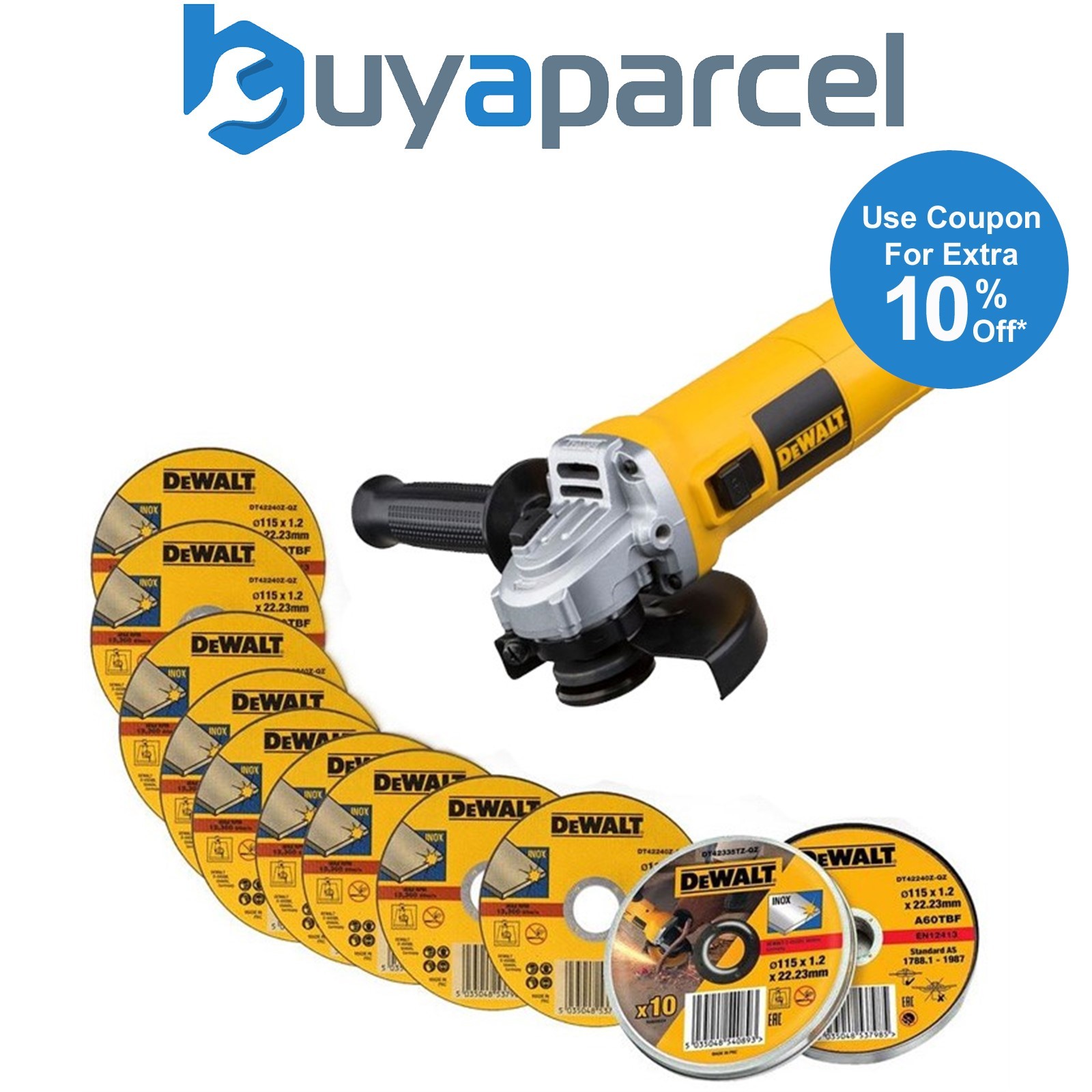 Dewalt DWE4117 240v Corded 950w Angle Grinder 125mm 5.5" + 10 Thin Discs + Tin