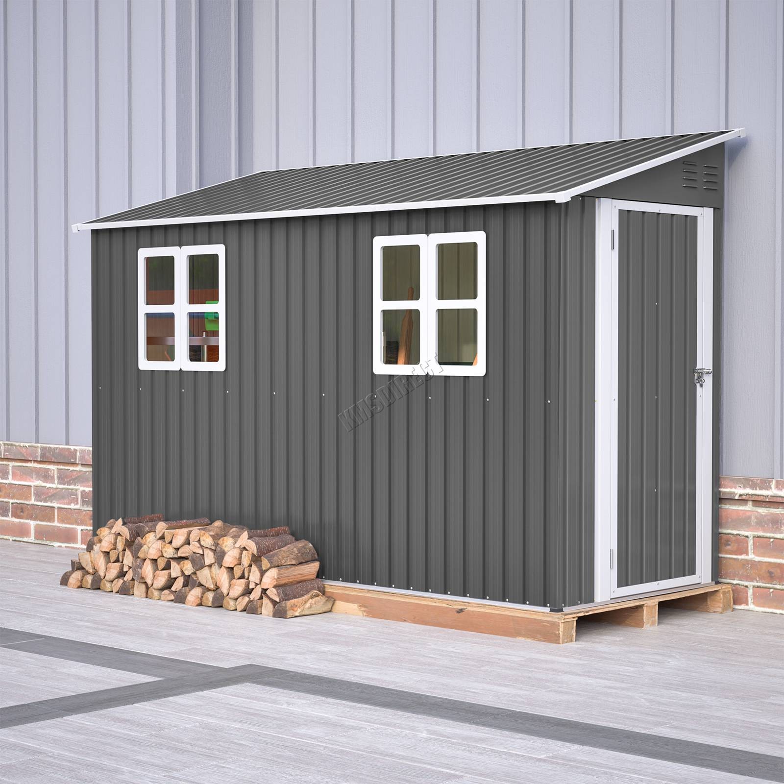 BIRCHTREE 4x10ft Lean To Garden Shed Metal Storage Tool House Pent Roof Grey