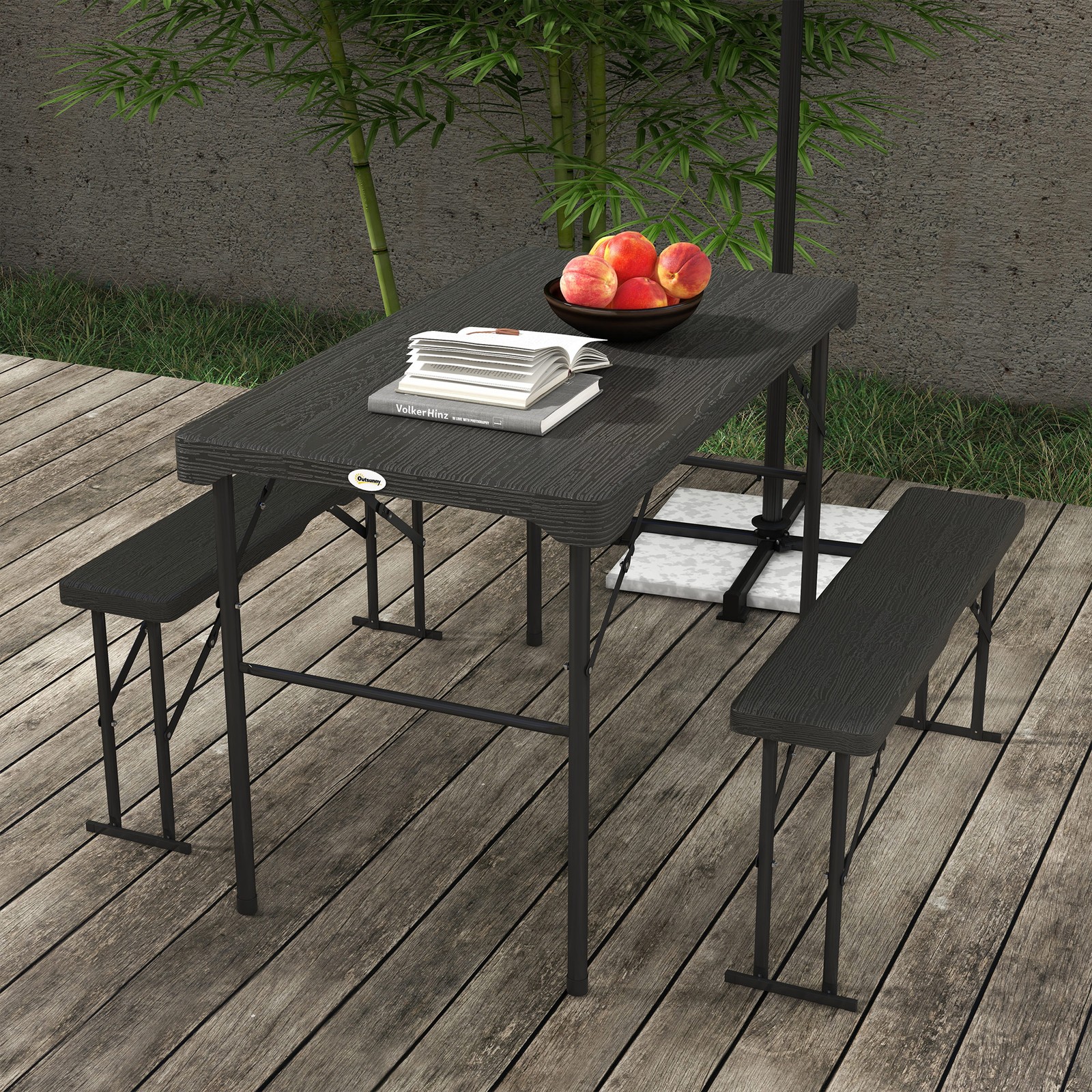 Foldable Picnic Table Set, HDPE Garden Dining Table Set, Dark Grey
