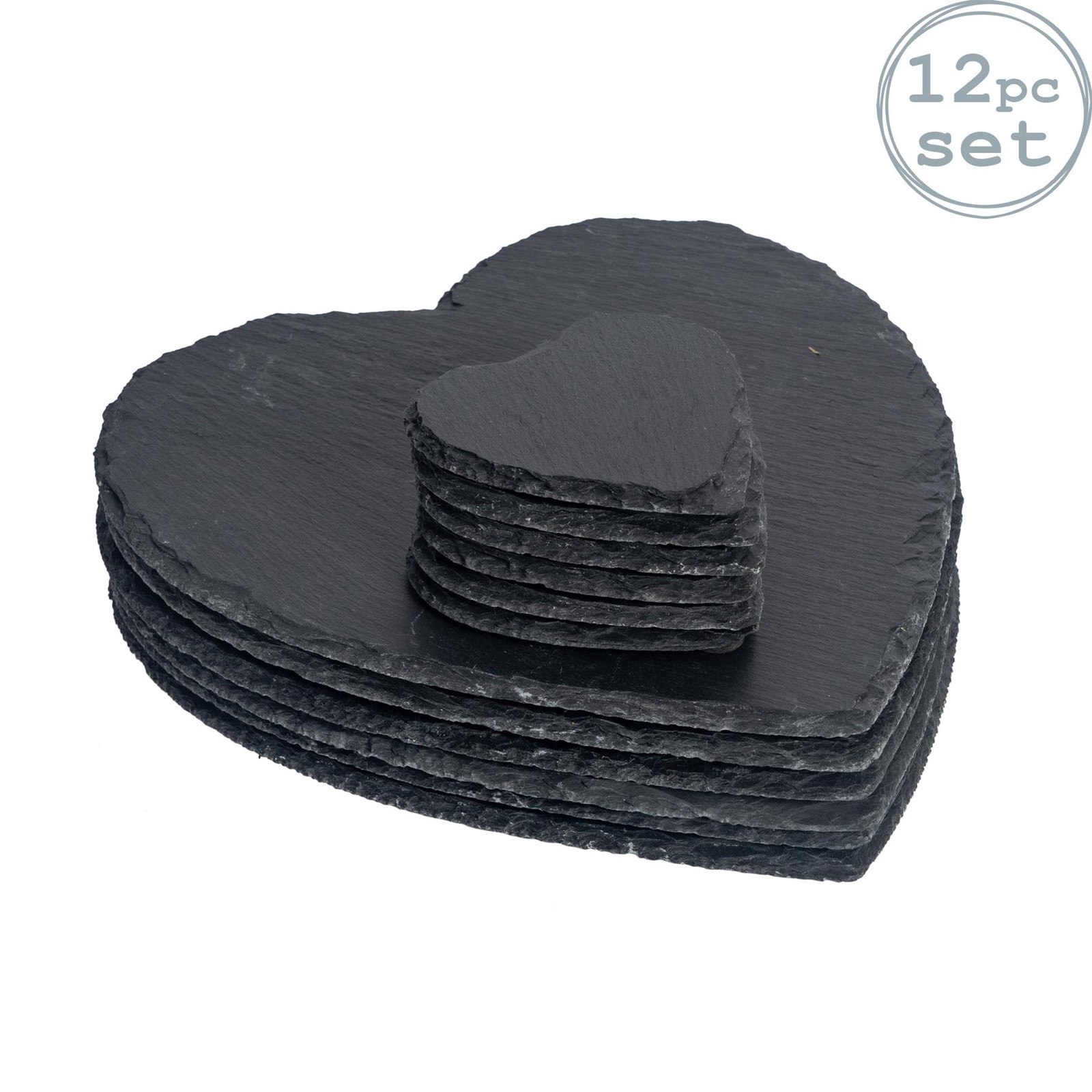 12 Piece Heart Slate Placemats & Coasters Set Rustic Dining Table Setting Grey