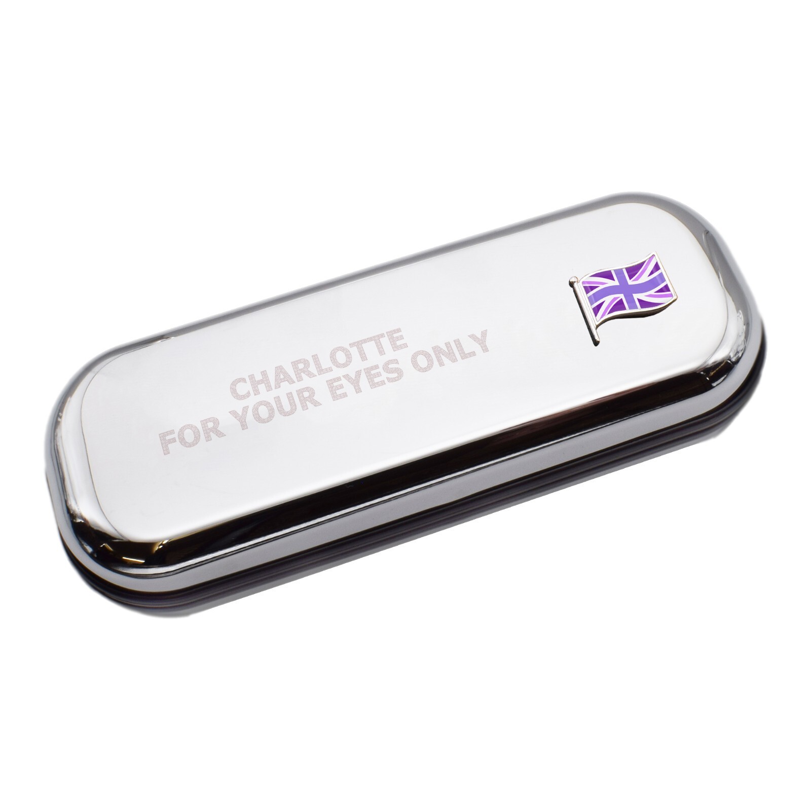 UK Purple Wave Flag & Engraved With Message Chromed Glasses Case Box