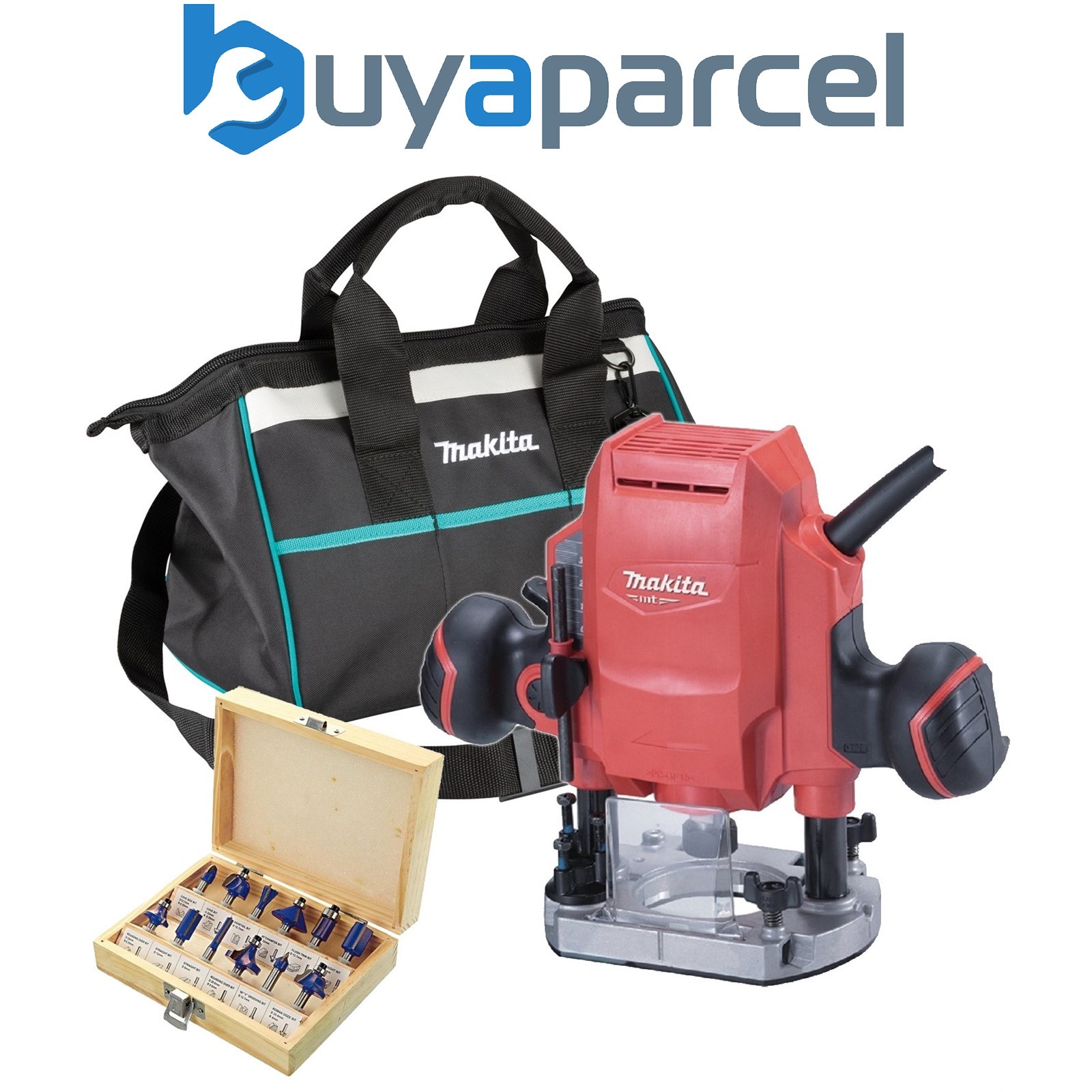 Makita M3601 240v Electric Plunge Router 900w 8mm 1/4" 3/8" + 12 Piece Set + Bag