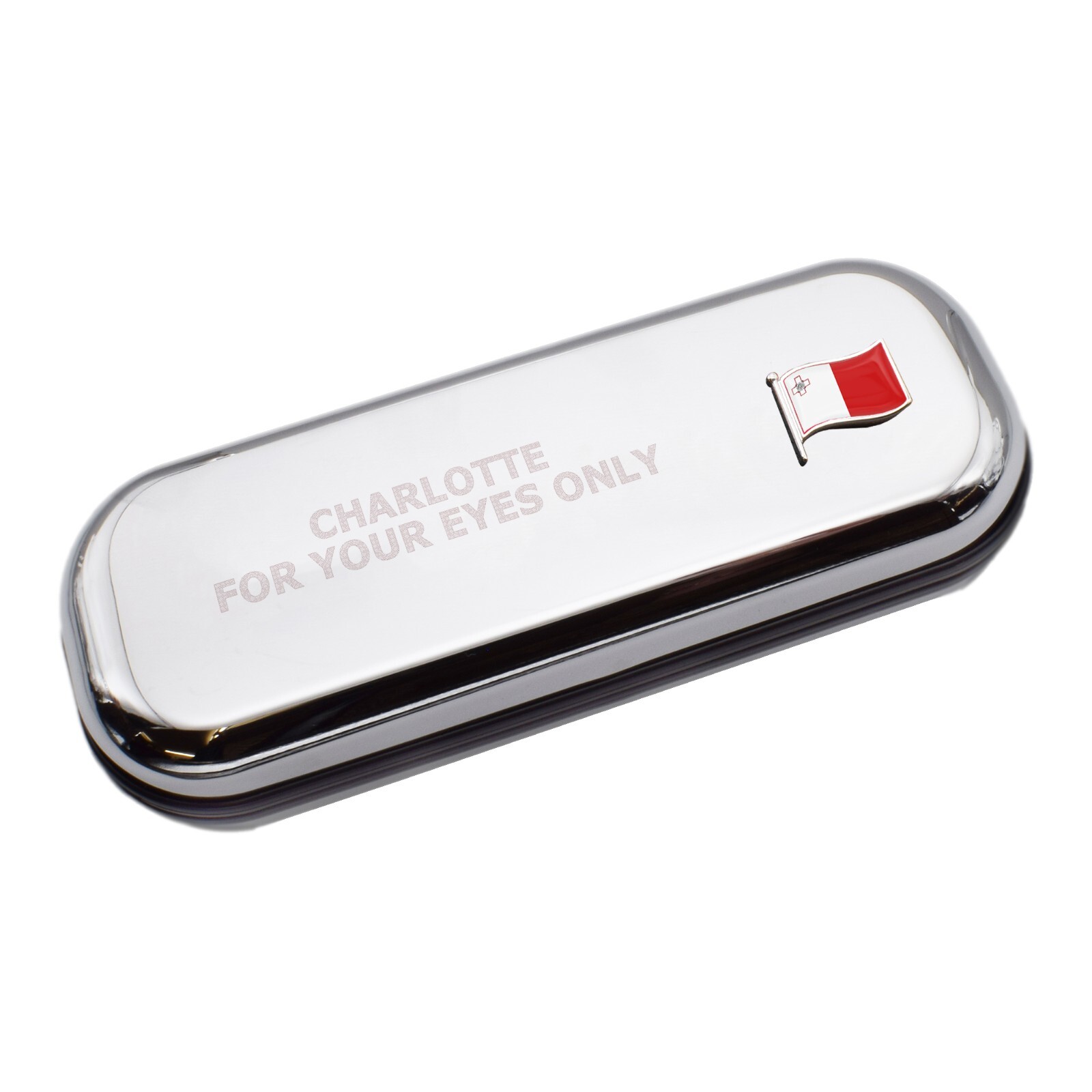 Malta Wave Flag & Engraved With Message Chromed Glasses Case Box