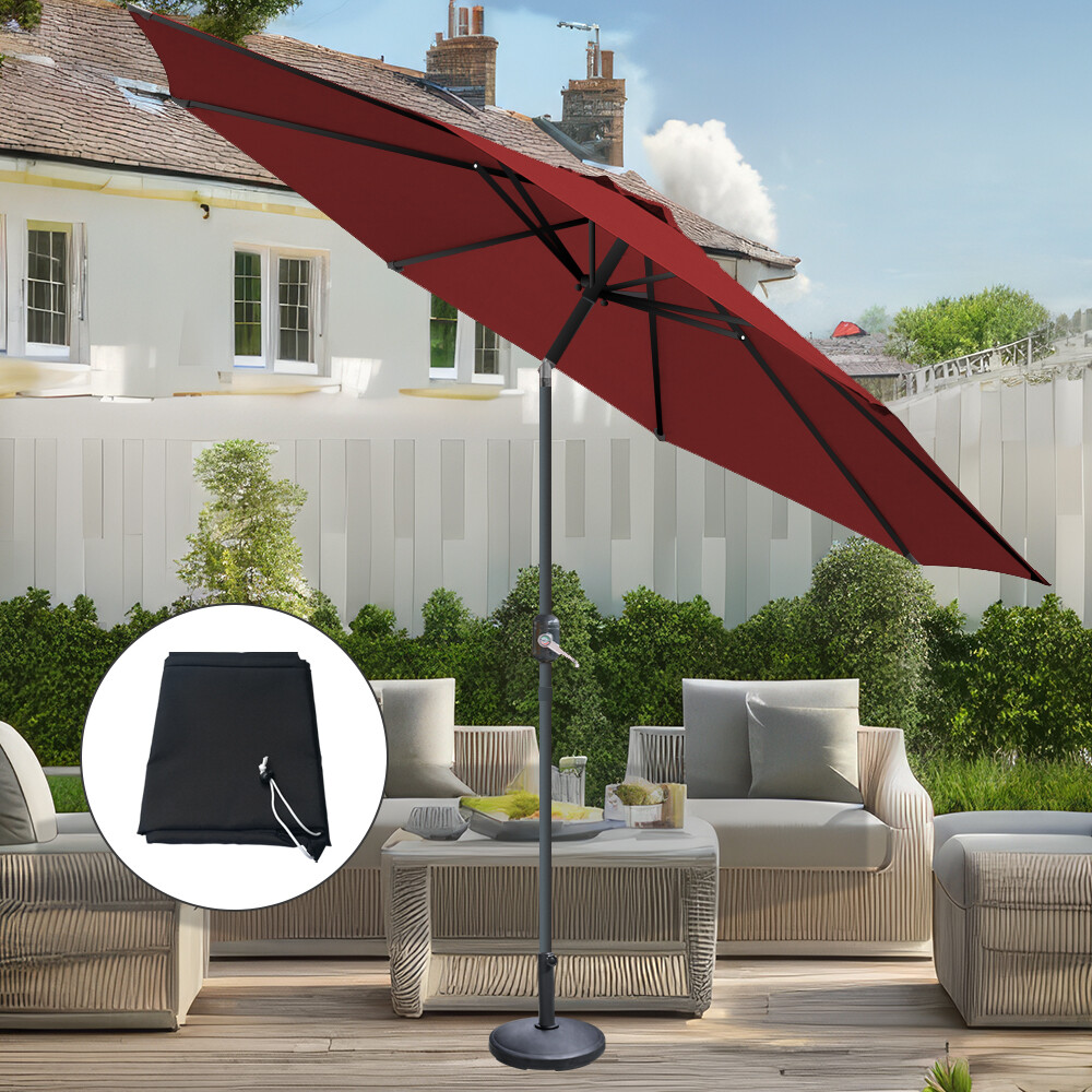 2.7M Garden Round Parasol Sun Shade Canopy Wine Red Tilt Crank with Base Cover