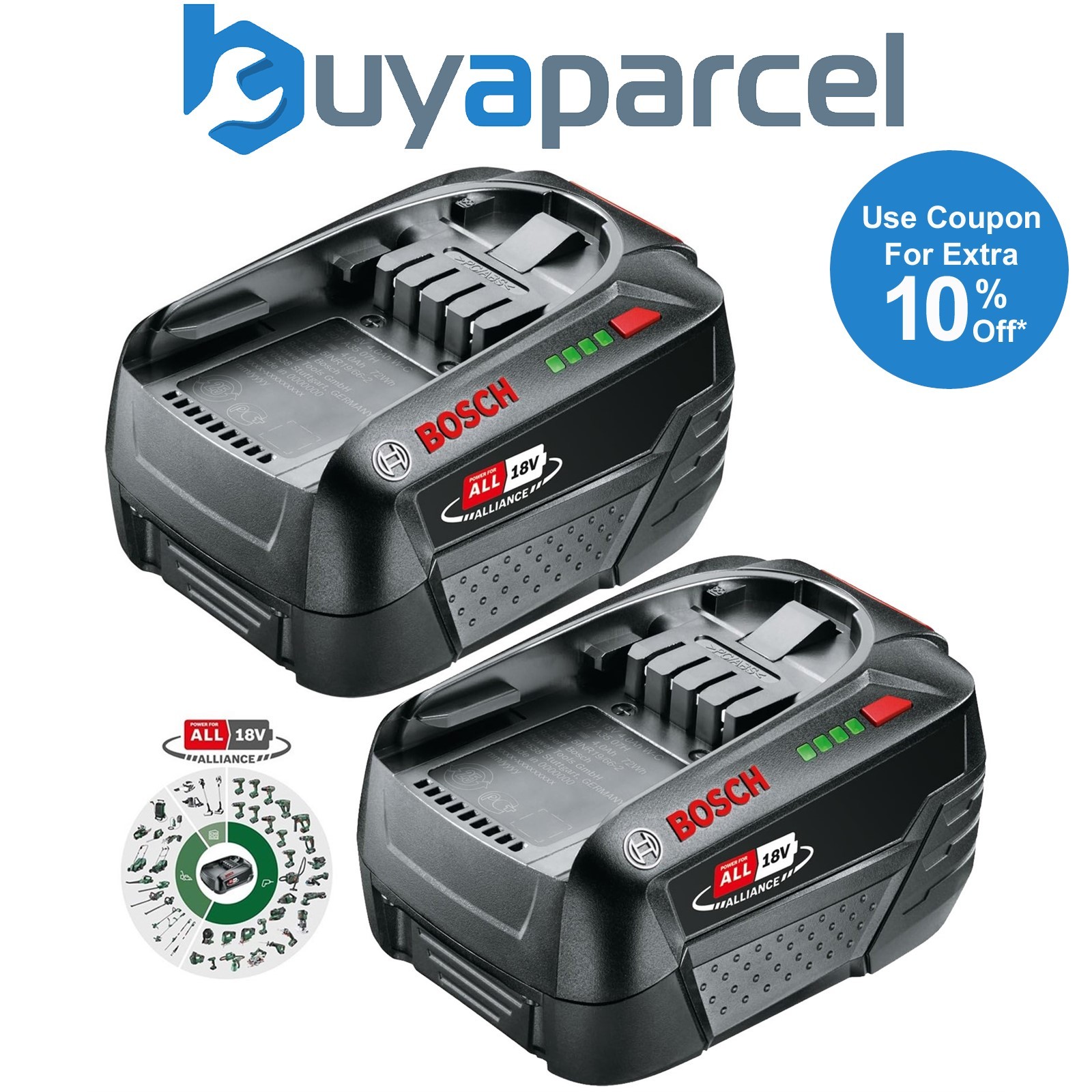 Bosch Green 18v PBA 18v 4.0Ah W-A Lithium Battery Power For All - Twin Pack