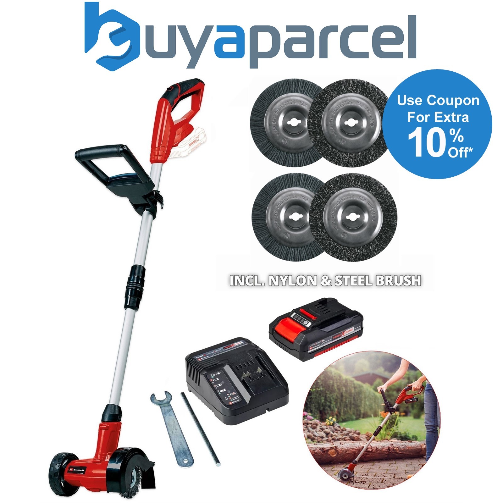 Einhell 18v Cordless Patio Grout Cleaner Brush Power X Change GE-C 4 Wheels +2Ah