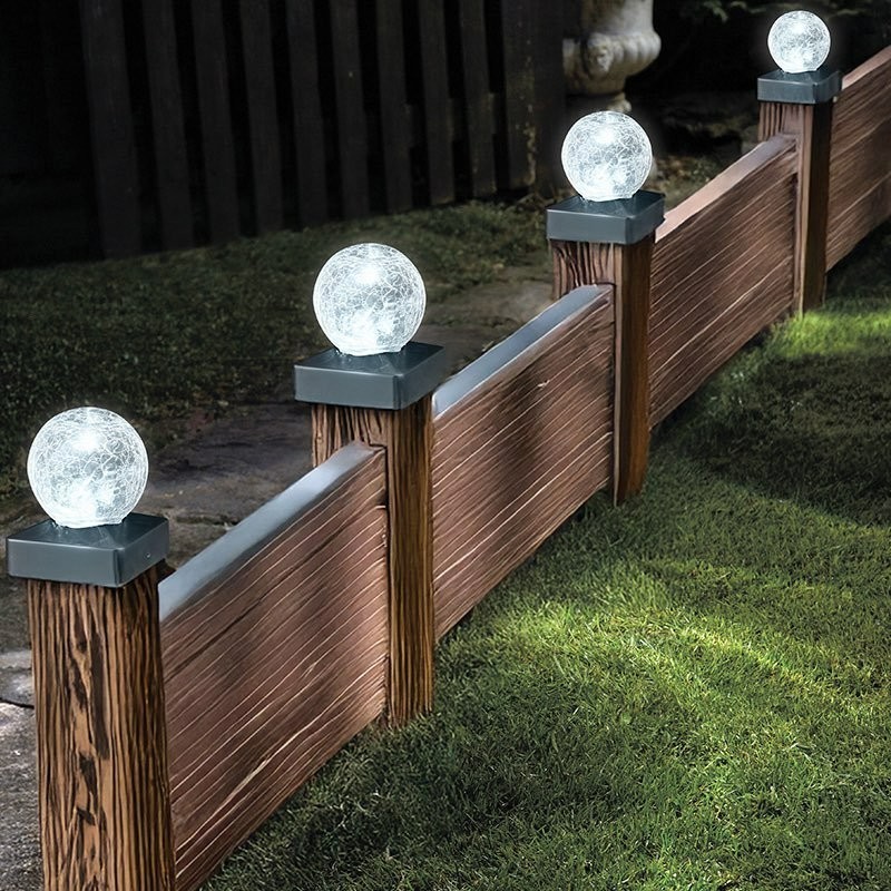 Solar Crackle Ball Lights 4pck Set Garden Outdoor Lighting Post Cool White LED