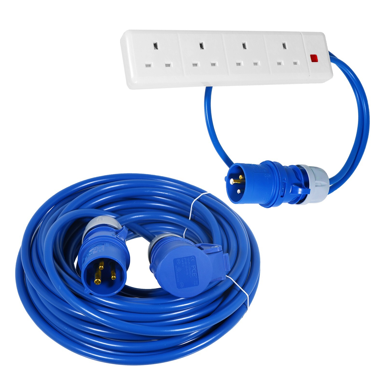 16A Hook Up Extension Lead 14m 240V 1.5mm + 4 Gang Way 13A 1m Mains Adapter