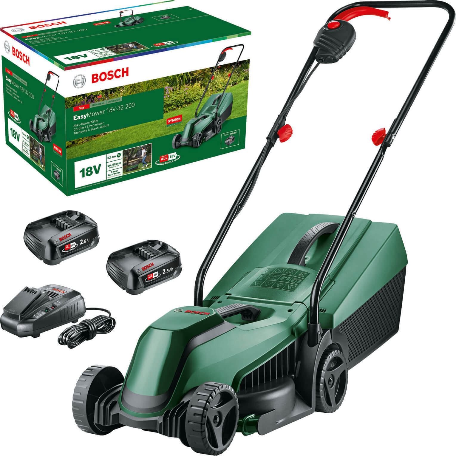 Bosch EASYMOWER 18V-32 P4A 18v Cordless Rotary Lawnmower 320mm 2 x 2.5ah Li-ion