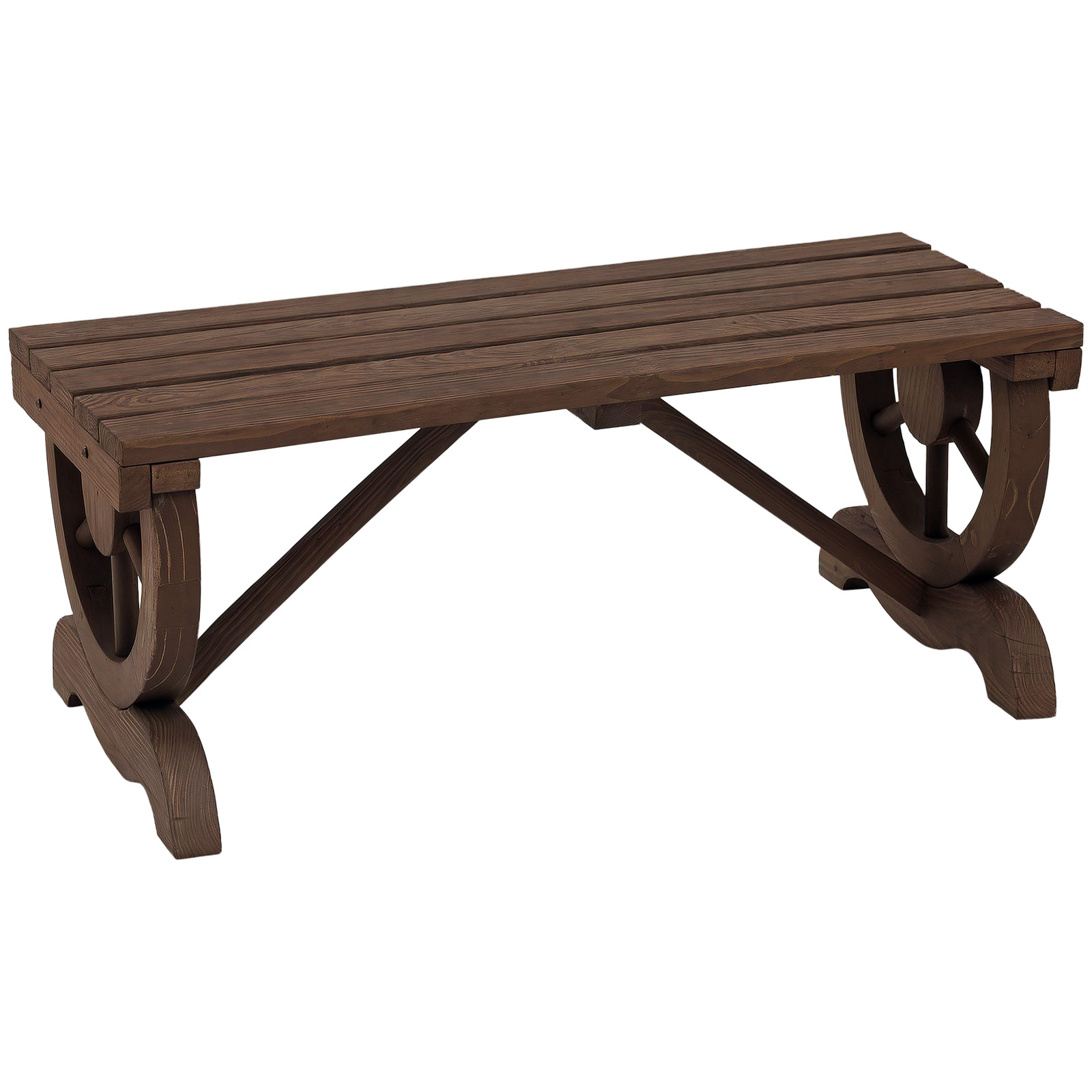 Outsunny Wooden Wheel Bench Rustic Outdoor Patio Garden Seat 2-Person Brown