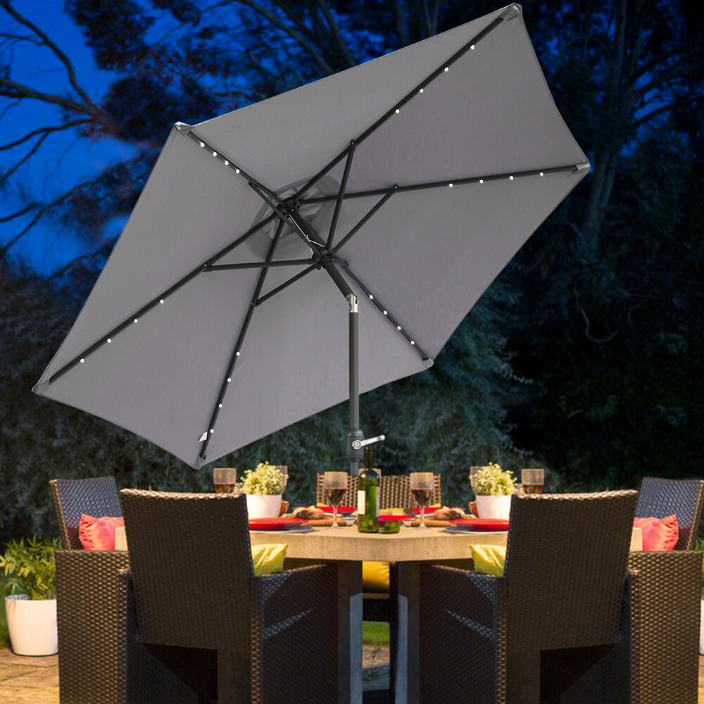2.5M Garden Sun Shade Umbrella Outdoor Patio Round LED Parasol Crank Tilt Grey
