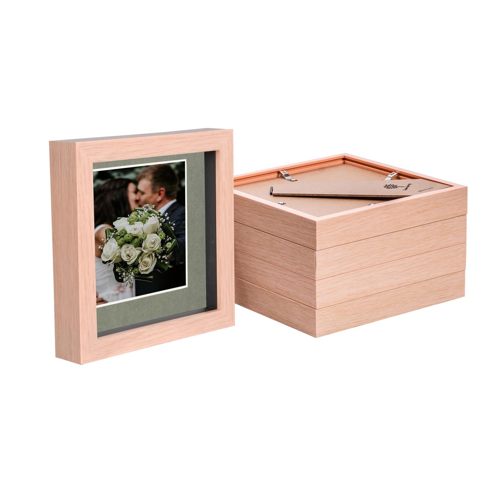 5x Light Wood 6" x 6" 3D Box Photo Frames Grey 4" x 4" Mount Shadow Picture
