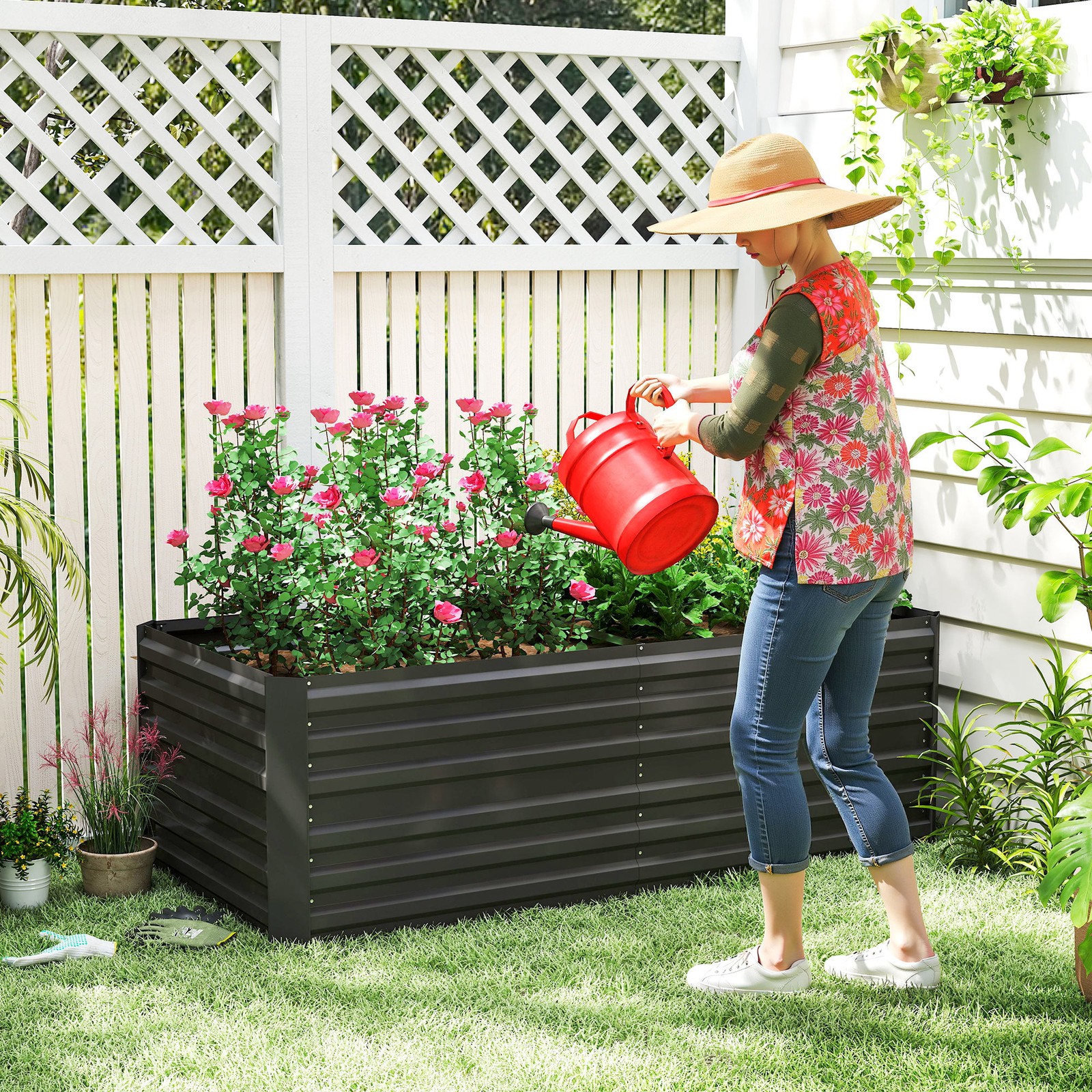 Galvanised Steel Outdoor Raised Bed Planters w/ Reinforced Rods, Black