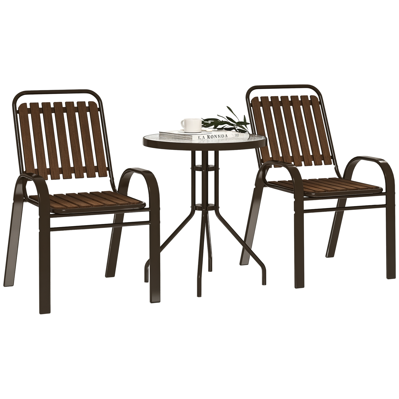 Outsunny Stackable Patio Bistro Set, 3 Pieces Garden Furniture Set, Brown