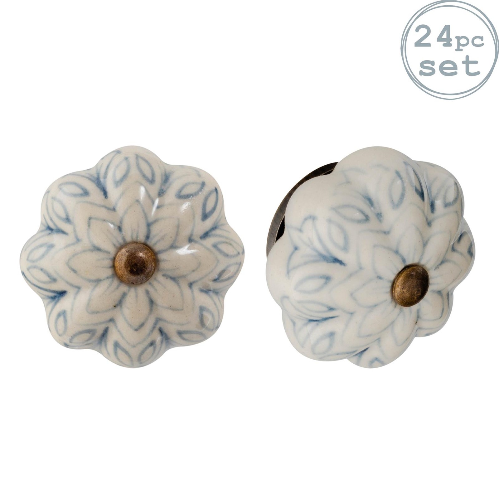 24x Floral Ceramic Cabinet Knobs Vintage Cupboard Door Drawer Handles Grey