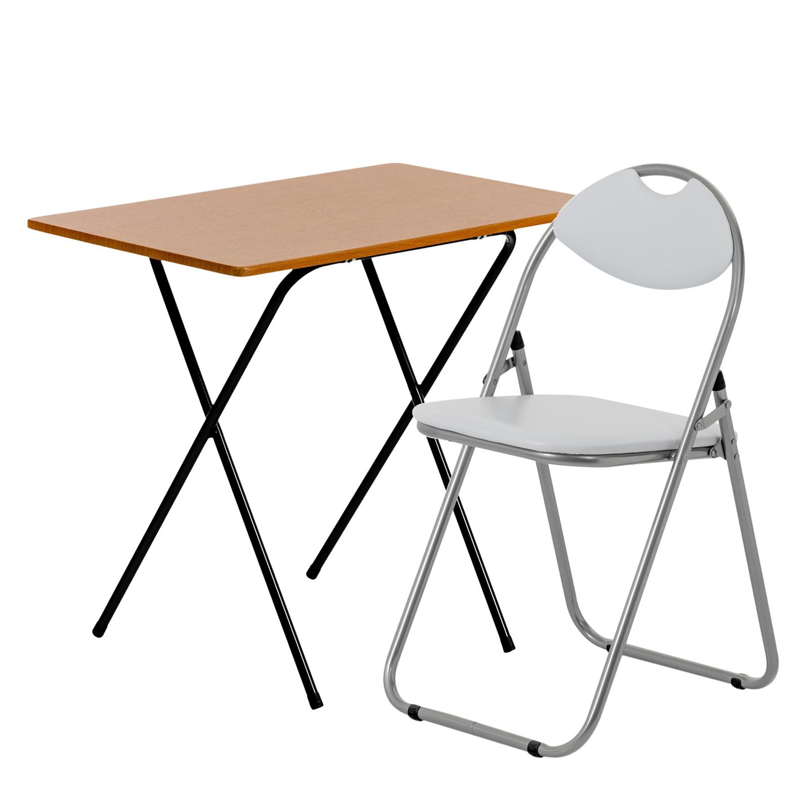 Folding Desk & Chair Set Home Office Workstation Laptop Wooden Top Brown/White