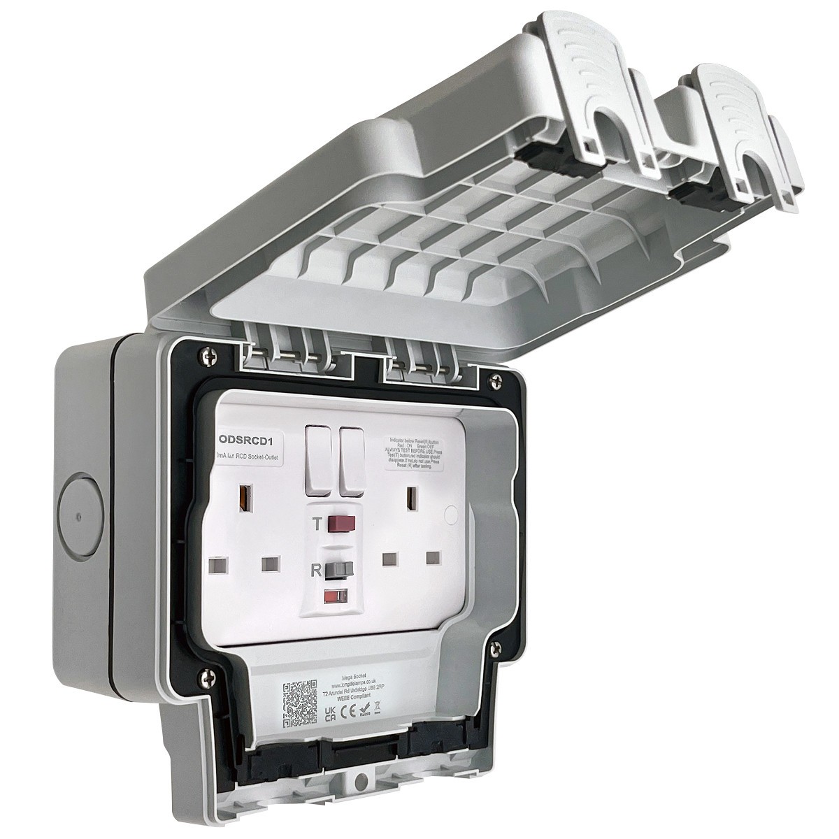 13A 2 Gang Weatherproof Double Outdoor RCD Switched DP Socket IP66 Grey ODSRCD1