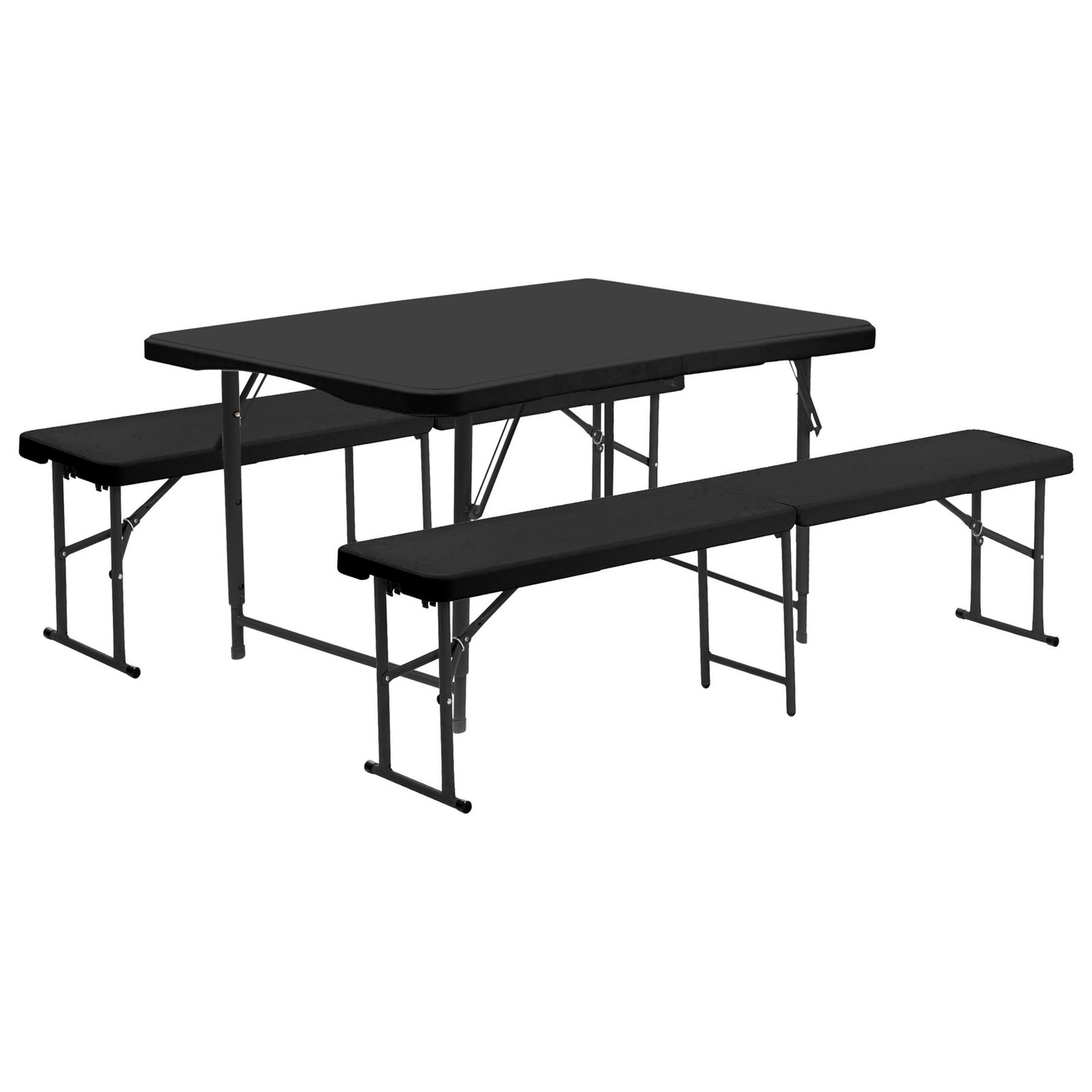 Height Adjustable Folding Trestle Table & Benches Set 120cm (4ft) Black Portable