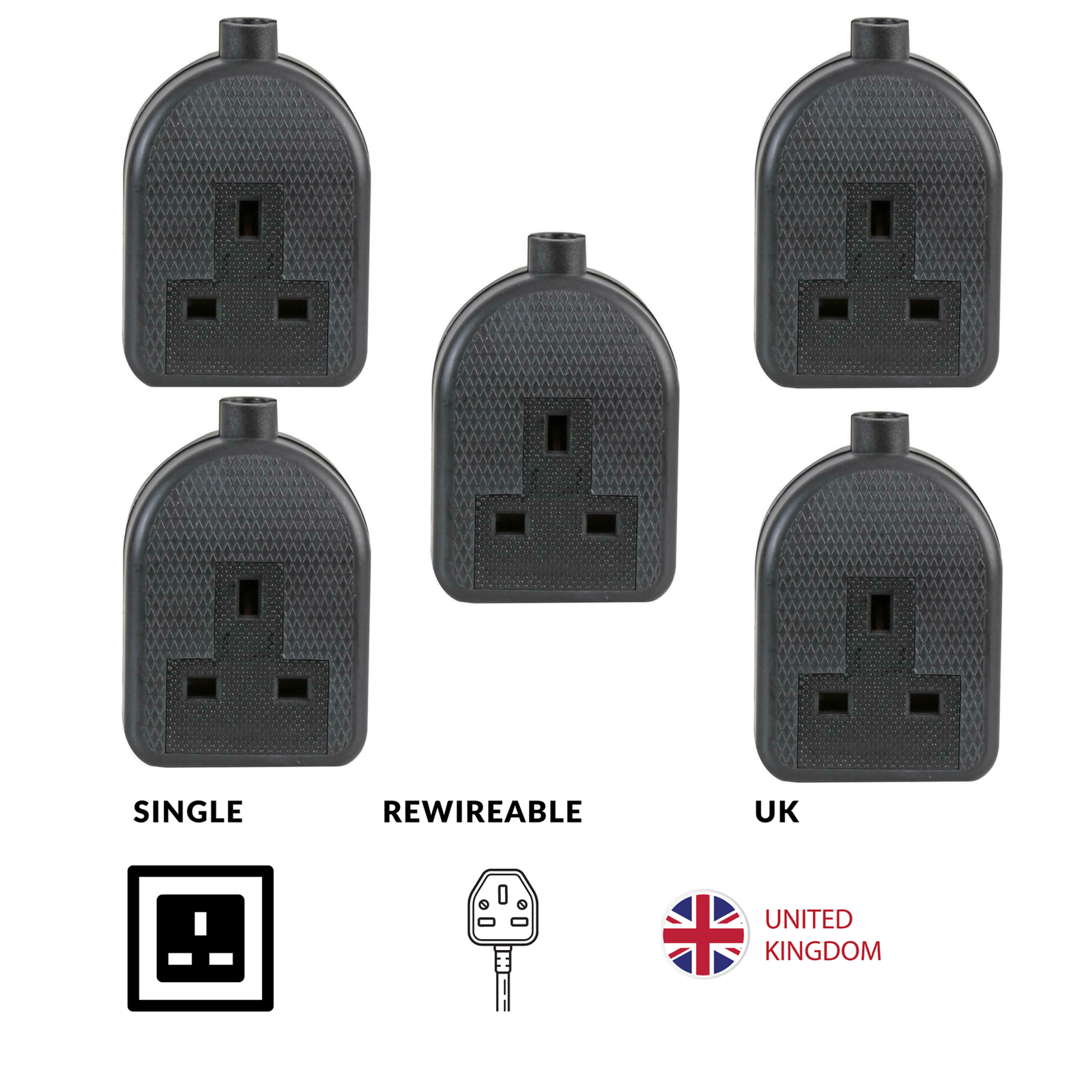 5x 13 AMP 1 Gang Rubberised Socket 13A Mains Extension Electric Trailing Black