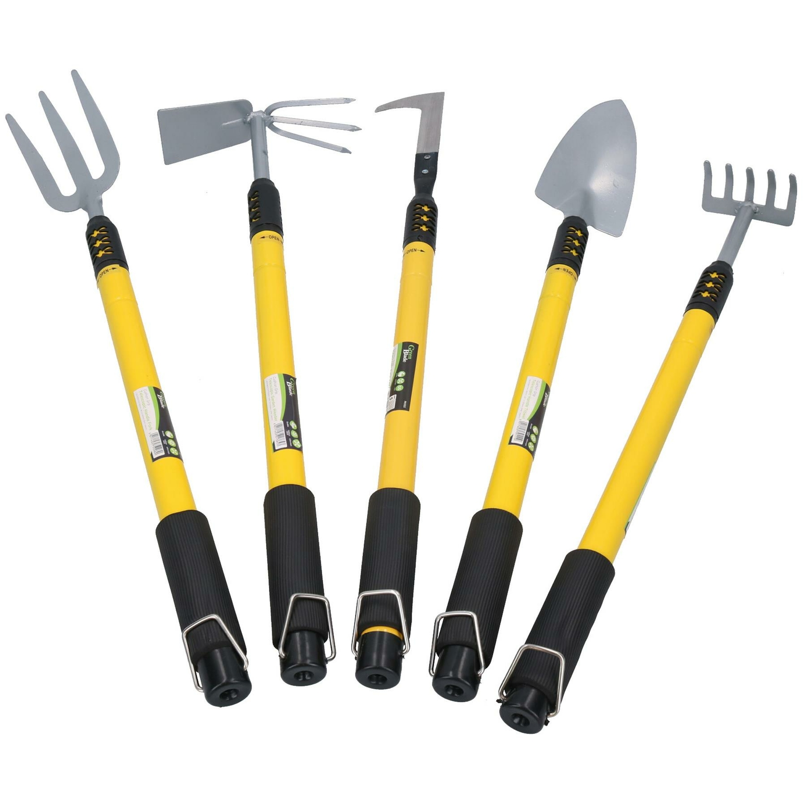 Garden Fork + Weeder + Shovel + Hoe + Rake with Telescopic Handles 25” – 37”