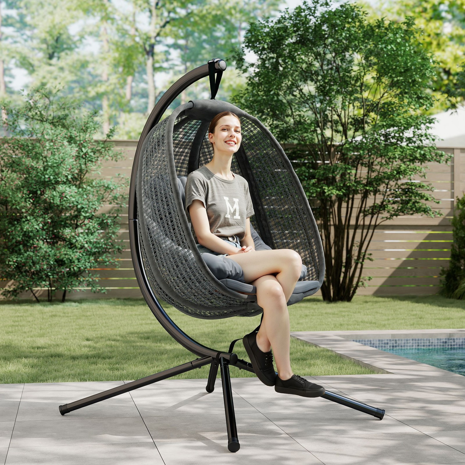 Hanging Swing Chair w/ Thick Cushion, Patio Hanging Chair, Dark Grey
