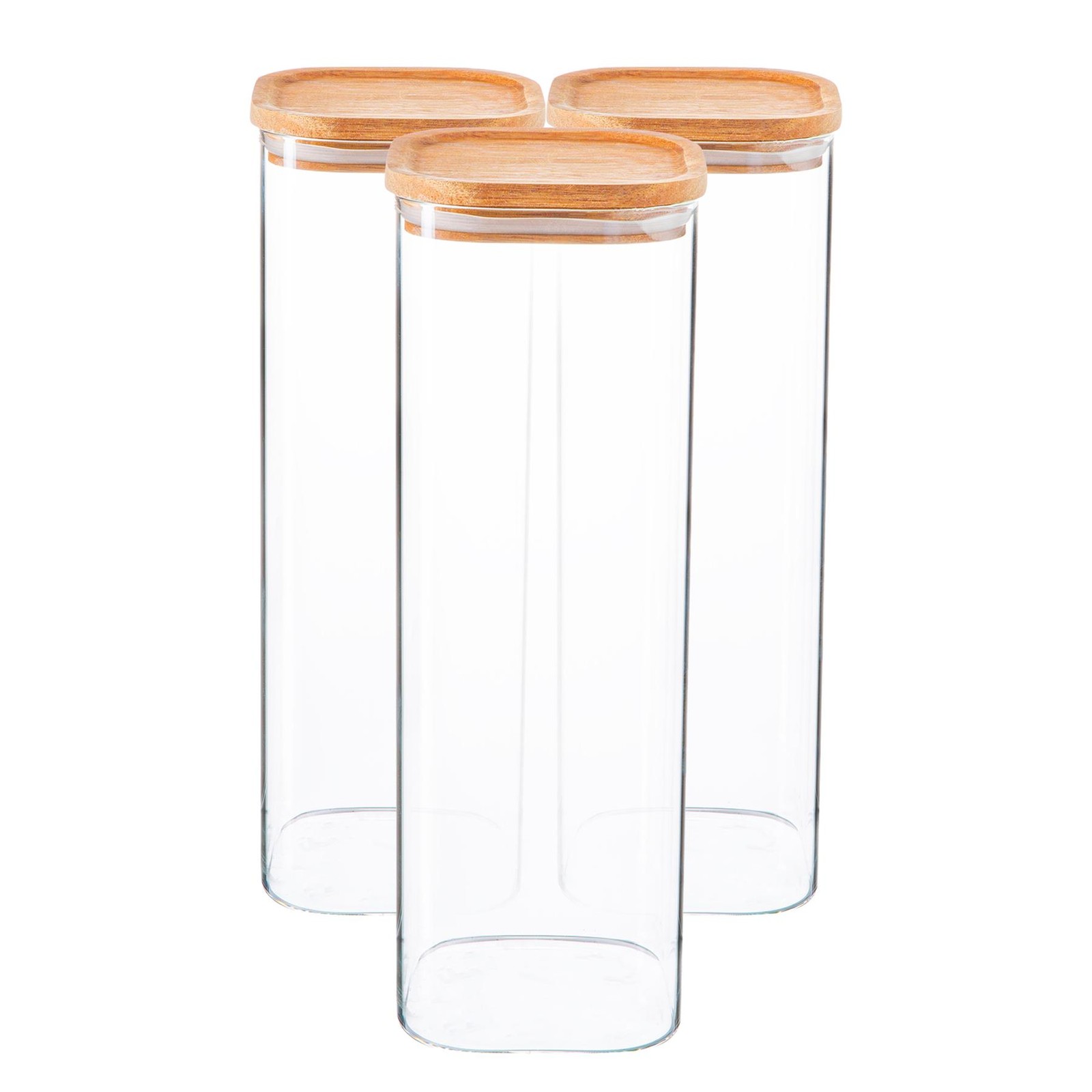 3x Square Glass Storage Jars with Wooden Lids Kitchen Food Canister 2.2 Litre