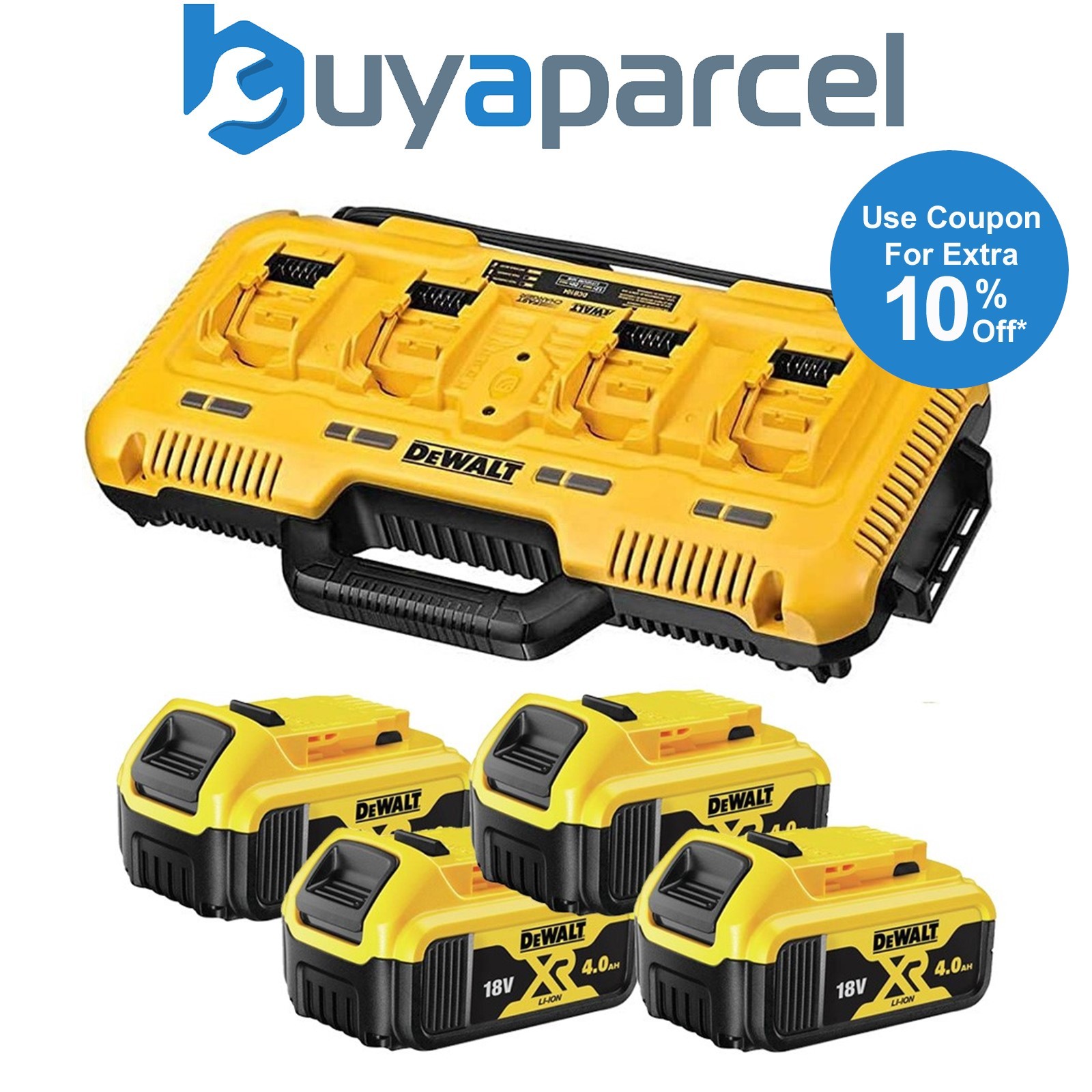 DeWalt DCB104 18v Li-Ion XR 4 Port Fast Battery Charger + 4 x 4.0Ah Batteries