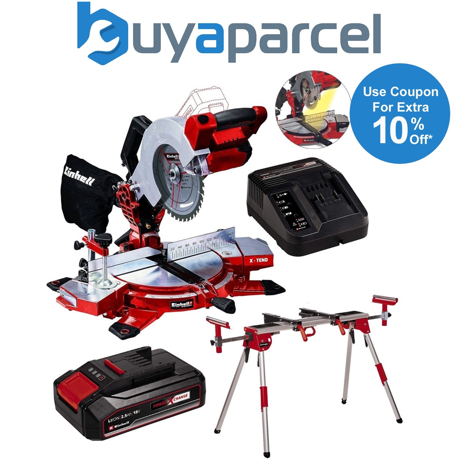 Einhell Cordless 18v Mitre Saw 210mm X-Change 18/210 1 x 2.5ah + Leg Stand