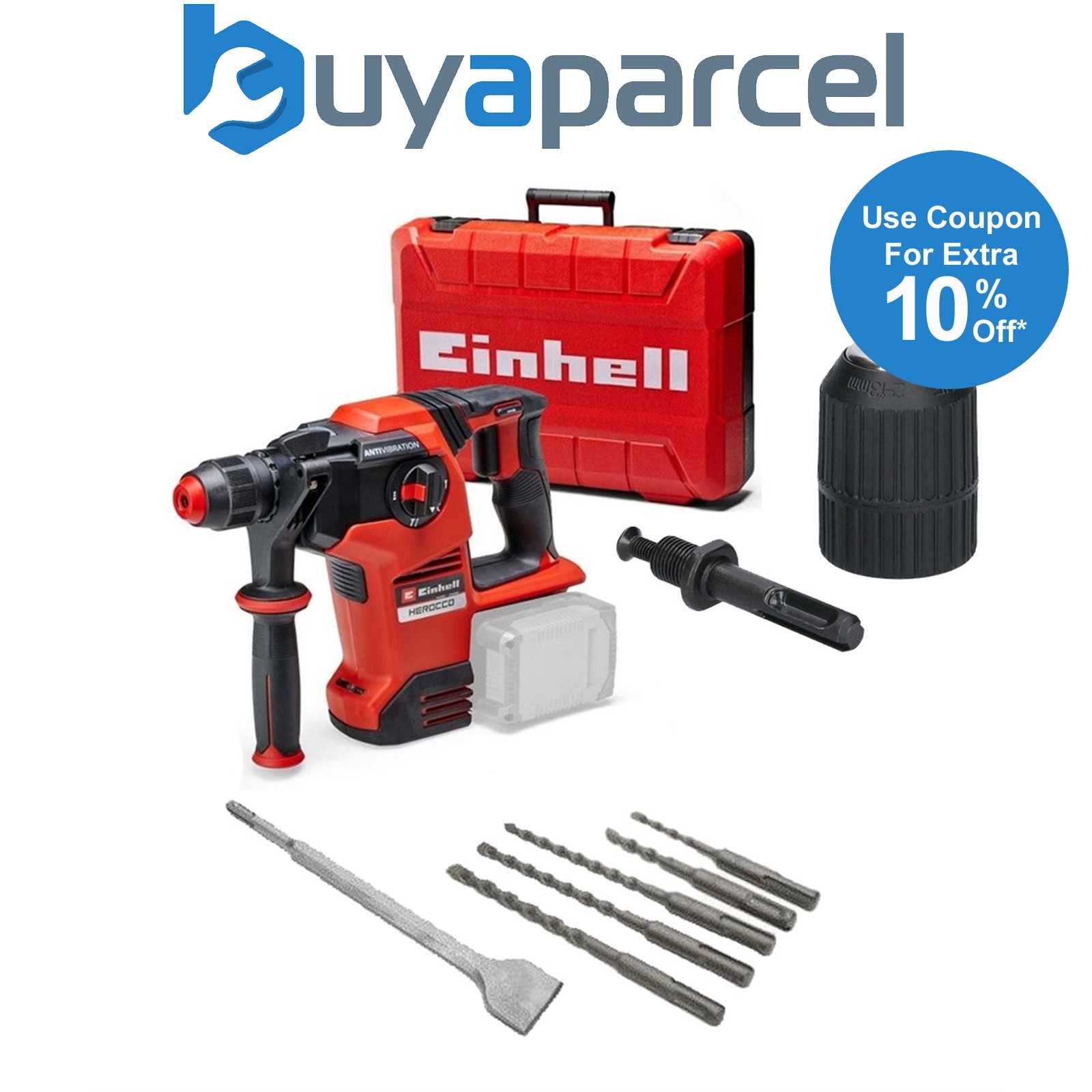 Einhell 18v 36V X-Change Cordless SDS Hammer Drill + SDS Bits Chisel + Chuck