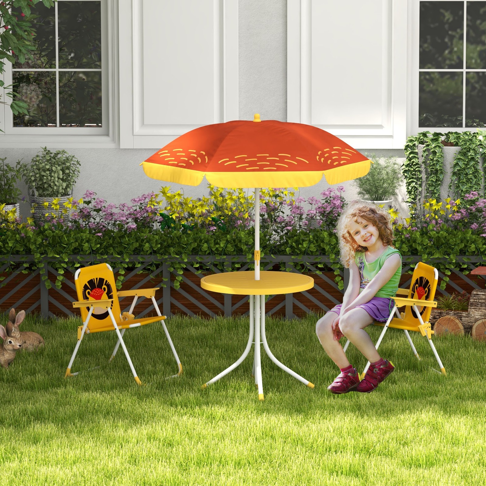 Kids Bistro Table and Chair Set Outdoor Garden Furniture Set w/ Lion Theme
