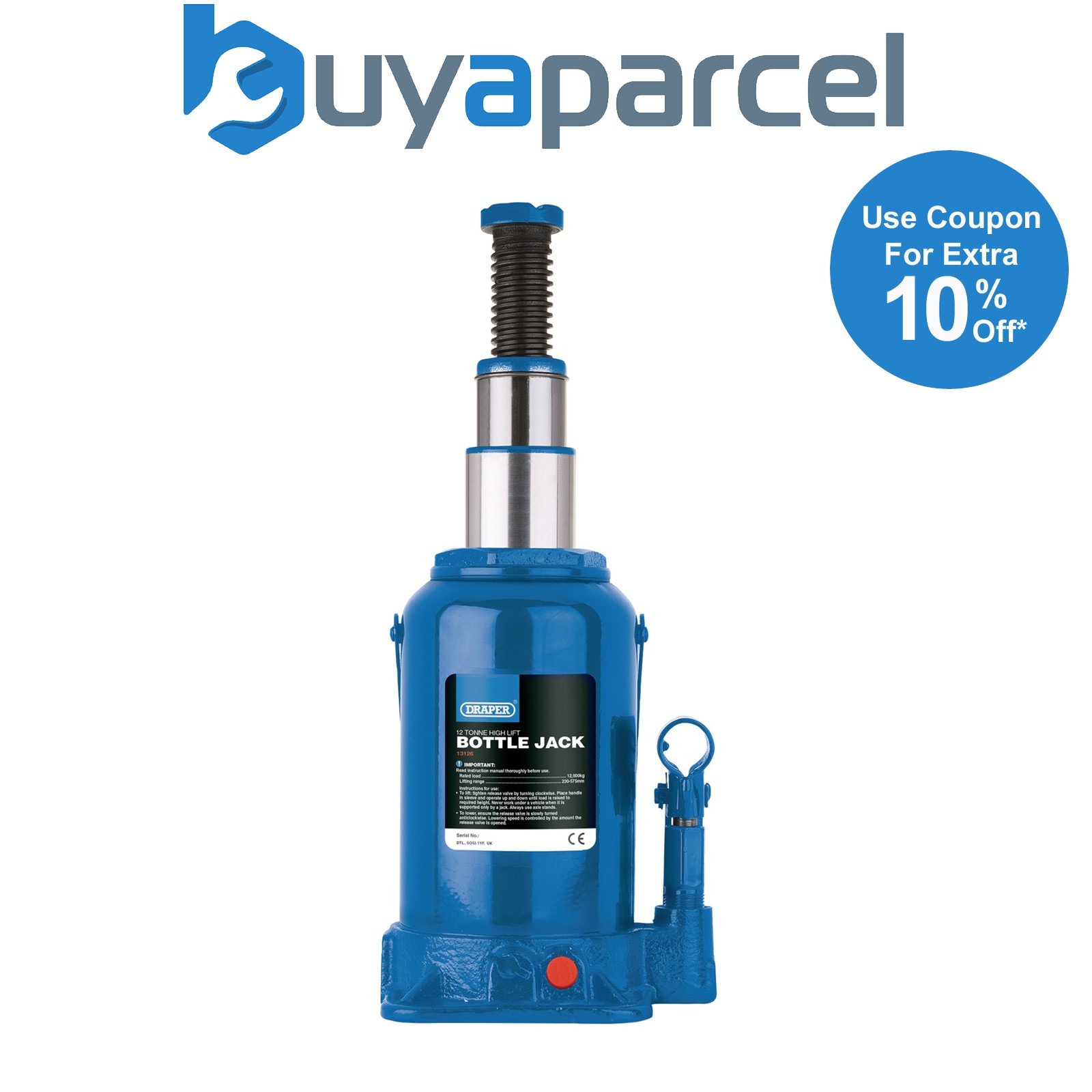 Draper 13126 High Lift Hydraulic Bottle Jack, 12 Tonne