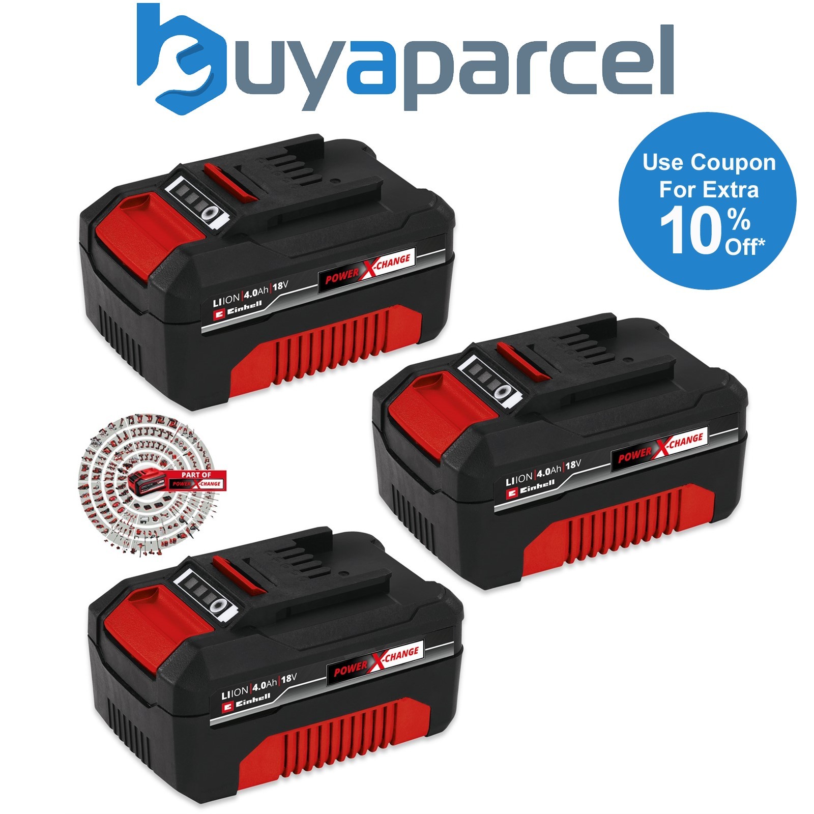 Einhell 3 X 4.0Ah 18V Battery Power X-Change PXC Rechargeable Dust Resistant LED