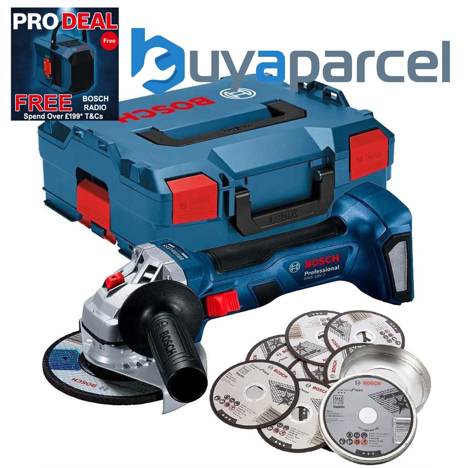 Bosch GWS 18V-7 125 18v 125mm Brushless Angle Grinder Bare L-BOXX +10 Inox Discs