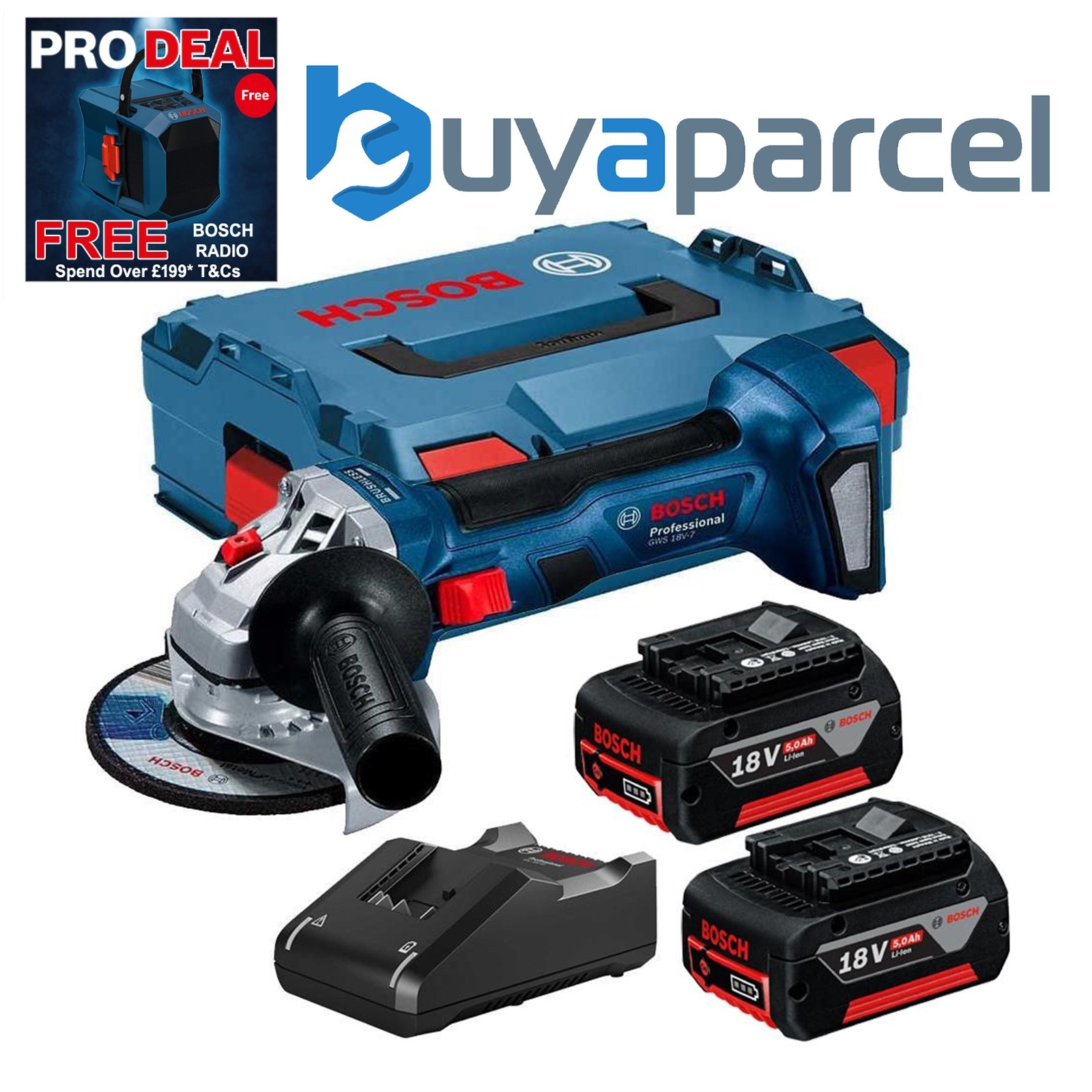 Bosch GWS 18V-7 18v 125mm Brushless Angle Grinder 2x 5.0ah Batteries + L-BOXX