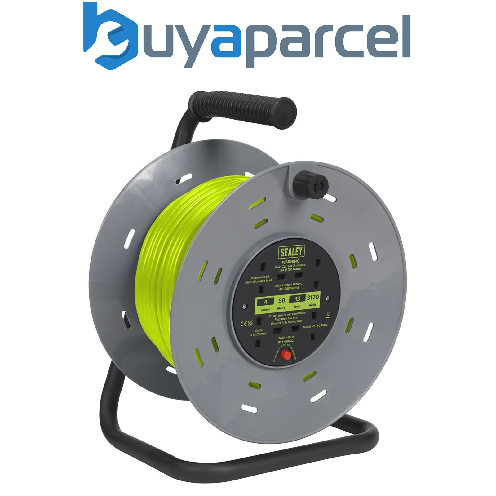 Sealey BCR50G 50m Cable Reel with Thermal Trip 4 x 230V - Hi-Vis Green