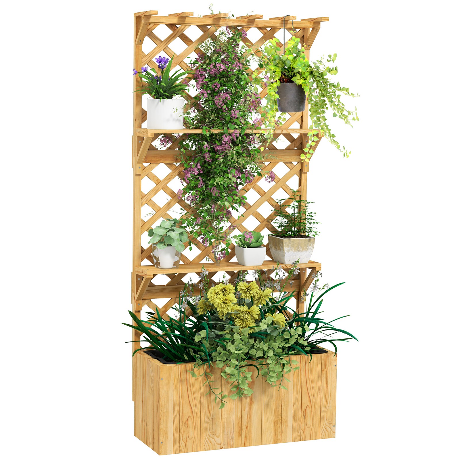 Outsunny Wooden Raised Planter with Trellis and 2 Shelves, Nature Wood