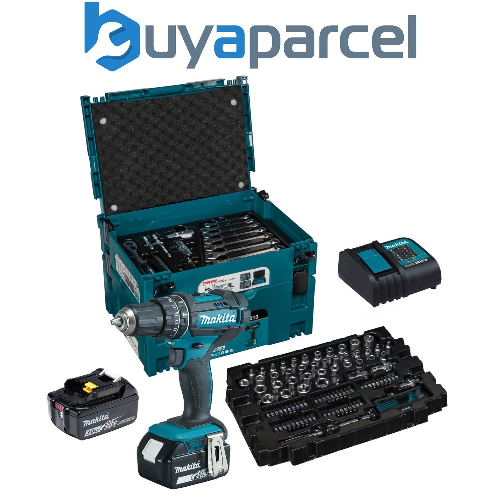 Makita DHP482JX13 18v LXT Cordless Combi Drill Kit 2 x 3ah + 120 Piece Bit Set