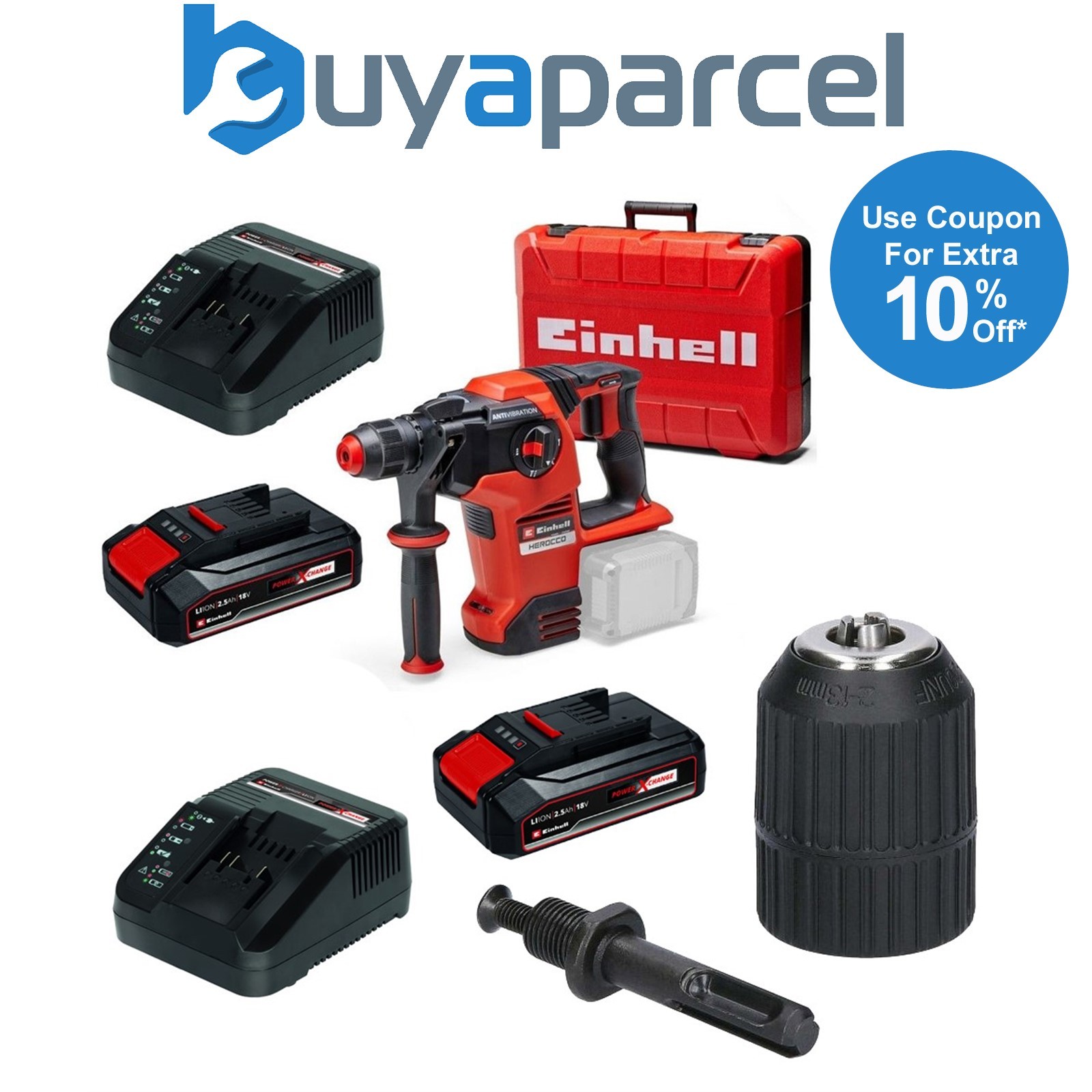 Einhell 18v 36V X-Change Cordless SDS Hammer Drill Kit + Keyless Chuck + Adapter