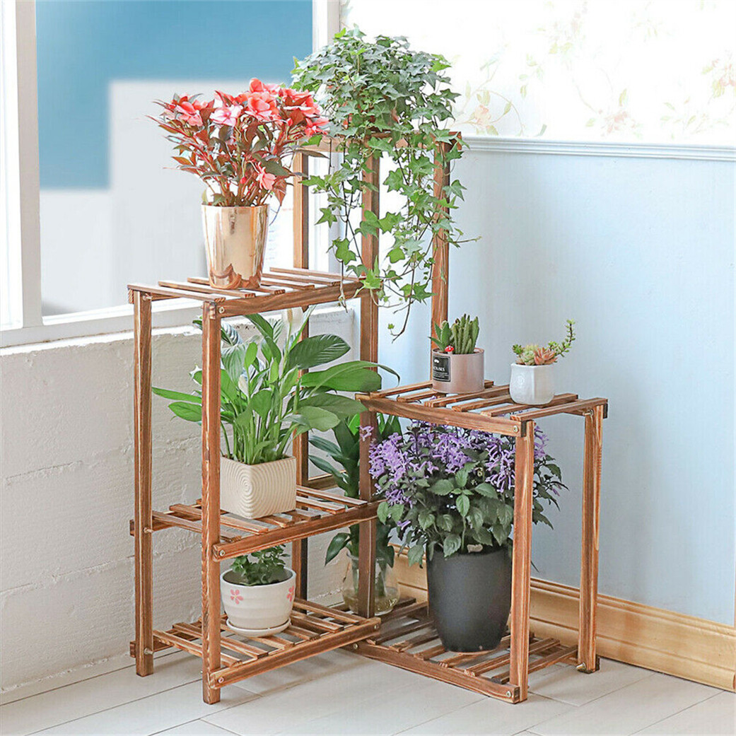 6 Tier Carbonized Wood Plant Stand Corner Display Flower Pot Shelf Space Saving