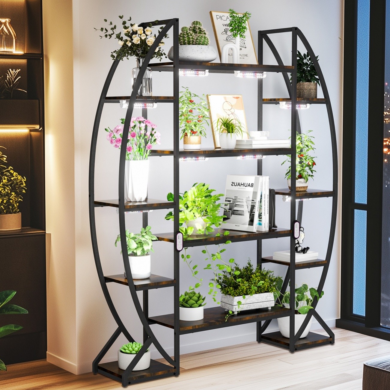 Curved Oval Plant Display Stand Flower Pot Rack with LED Grow Lights for Balcony