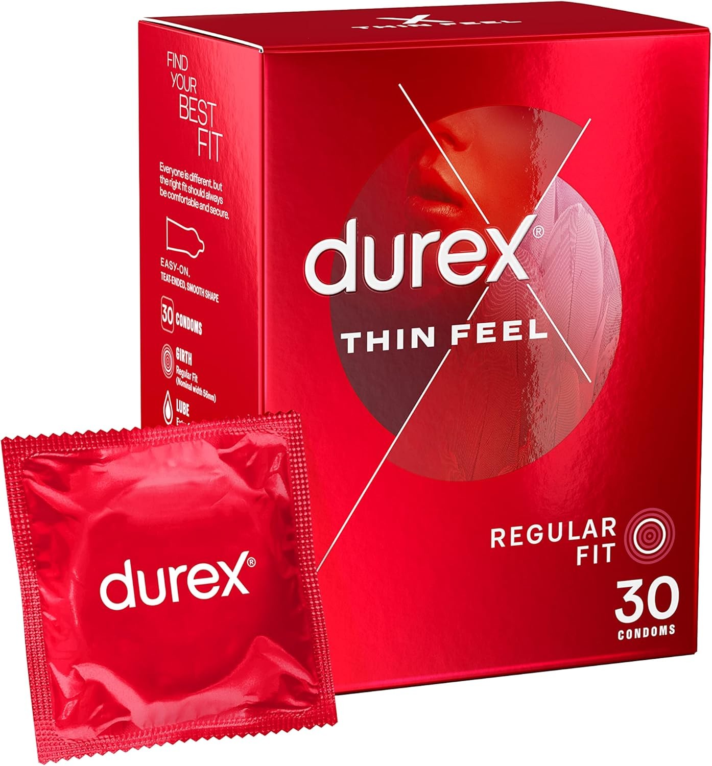 Durex Thin Feel Condoms 30 Pack, Regular Fit, Ultra-Sensitive, Natural Latex, S