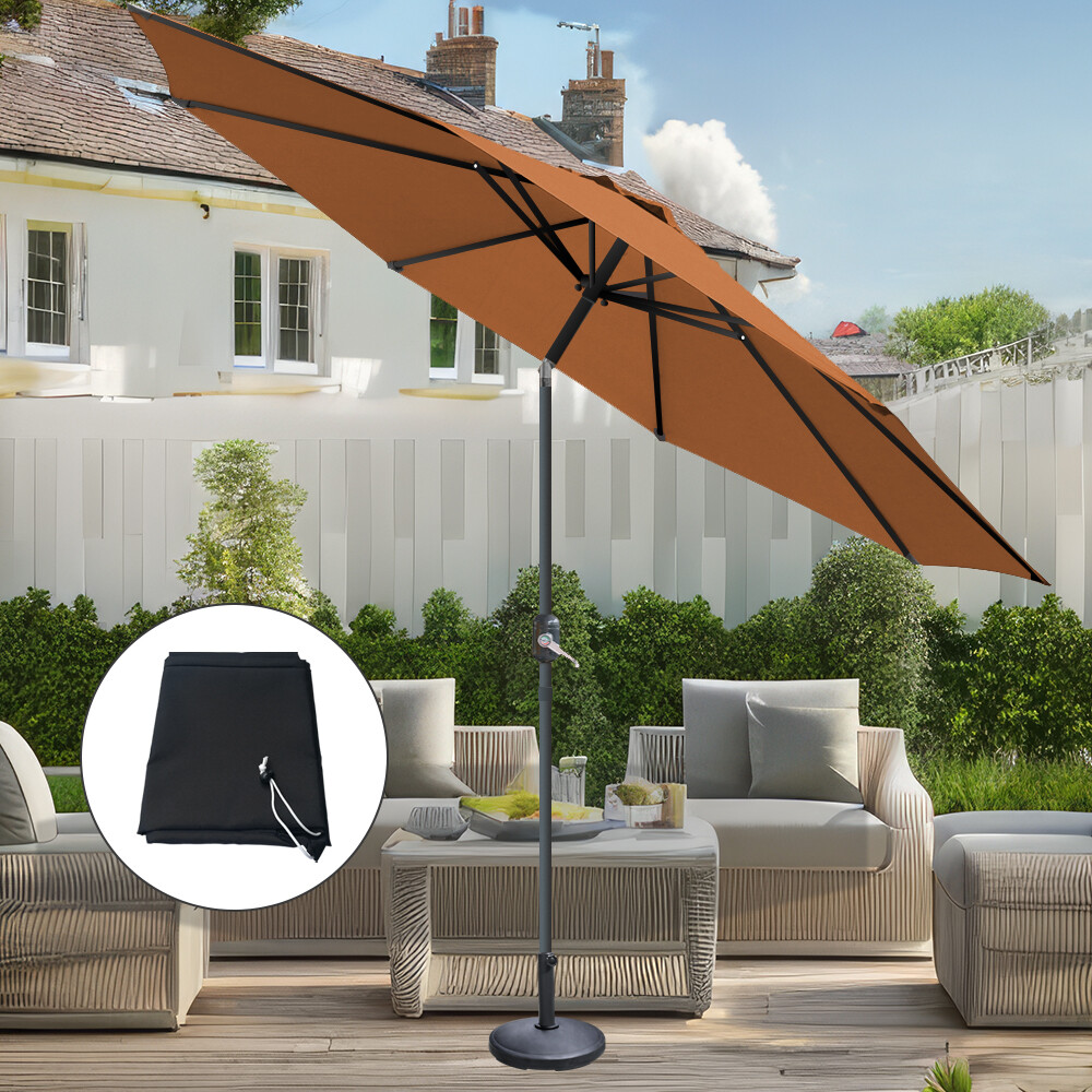 2.7m Round Garden Parasol Outdoor Umbrella Coffee Crank Tilt with Base Cover