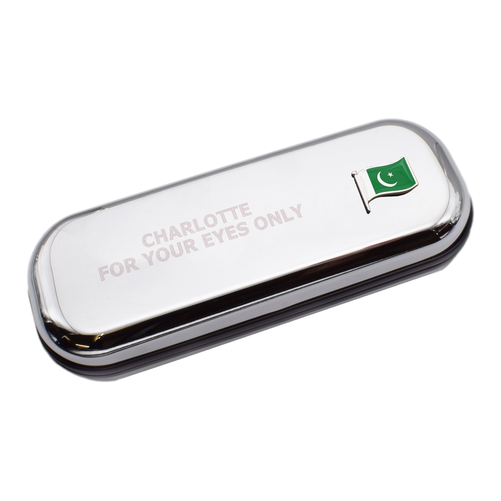Pakistan Wave Flag & Engraved With Message Chromed Glasses Case Box