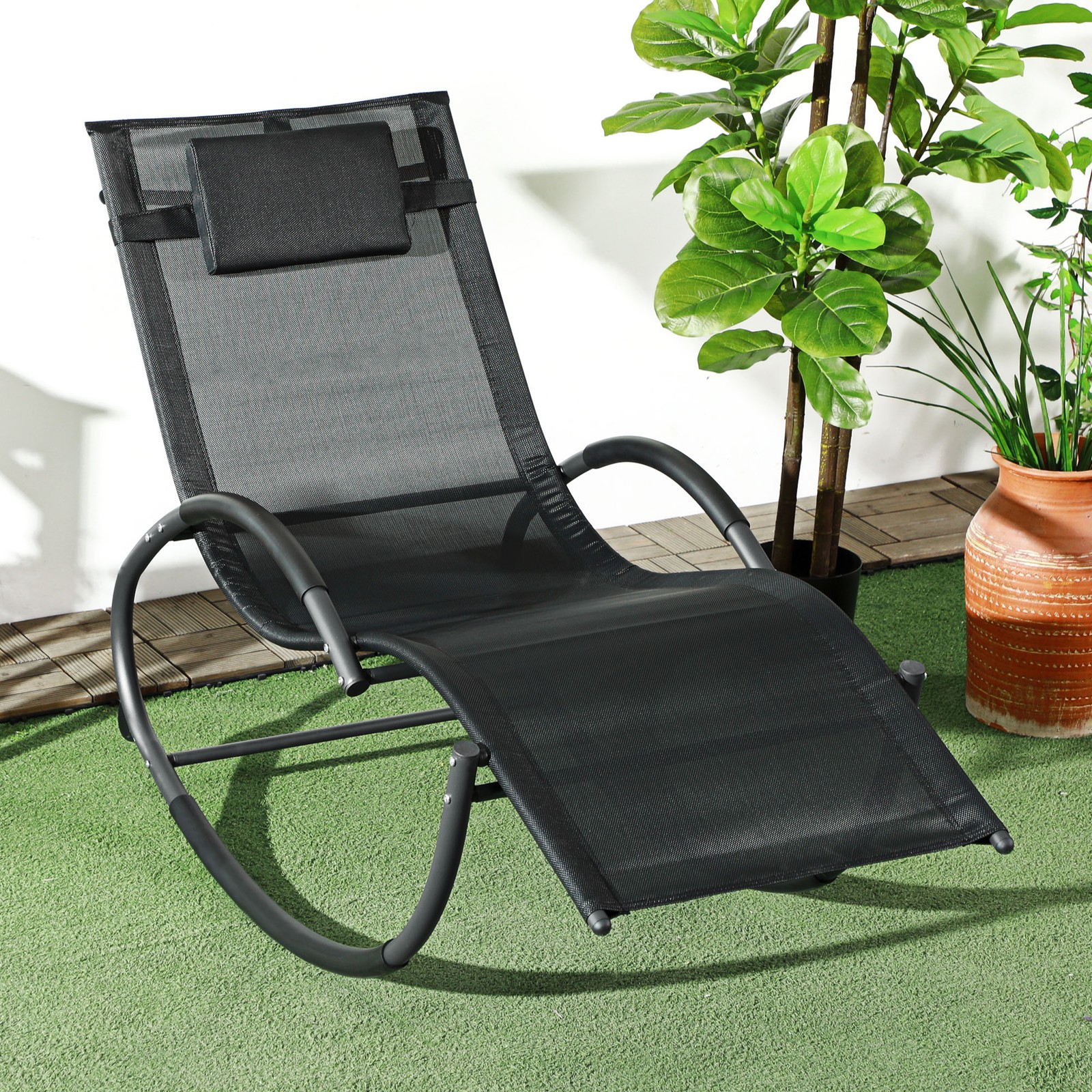 Rocking Lounger Zero Gravity Rocker Outdoor Patio Garden Recliner Black