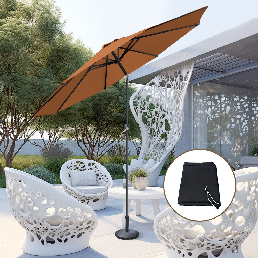 3M Garden Parasol Patio Outdoor Umbrella Canopy Crank Tilt Coffee w/ Base Cover