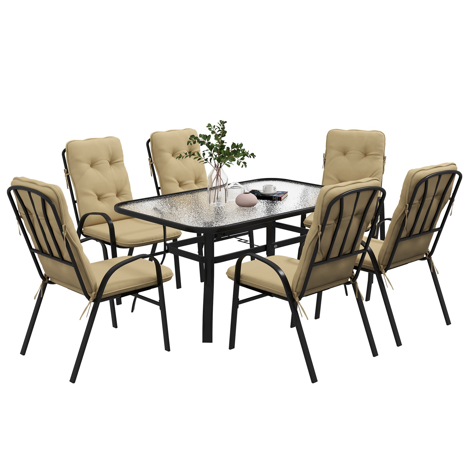 Outsunny 7 PCs Garden Dining Set w/ Umbrella Hole & Cushion, Beige