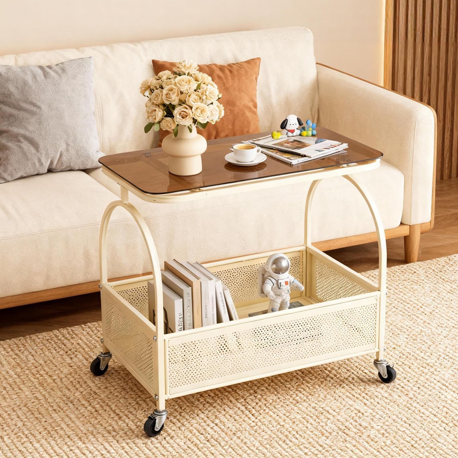Movable Side Table with Wheels Small Coffee Table Storage Trolley Side Table