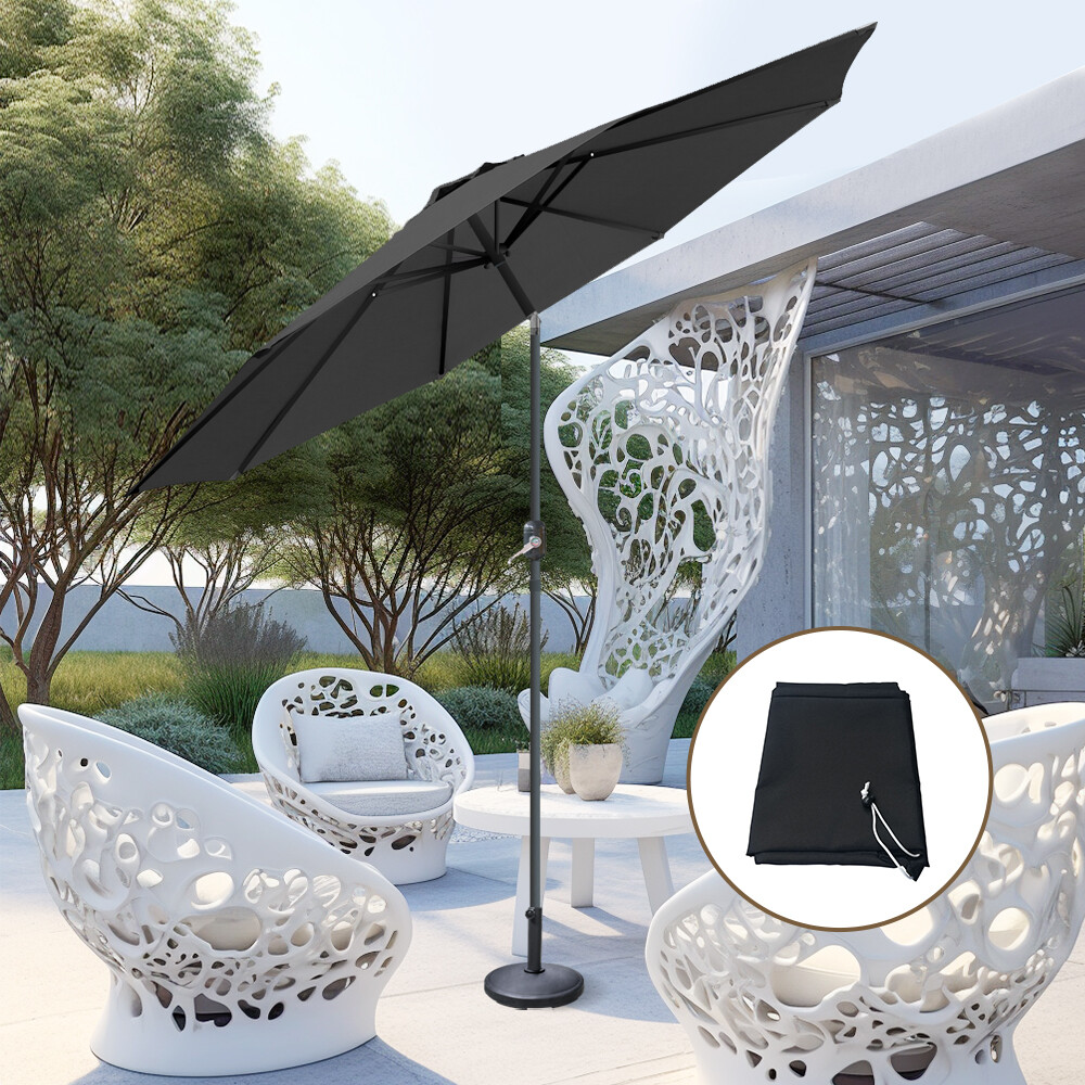 3M Parasol Garden Outdoor Patio Umbrella Crank Tilt Canopy Black w/ Base Cover