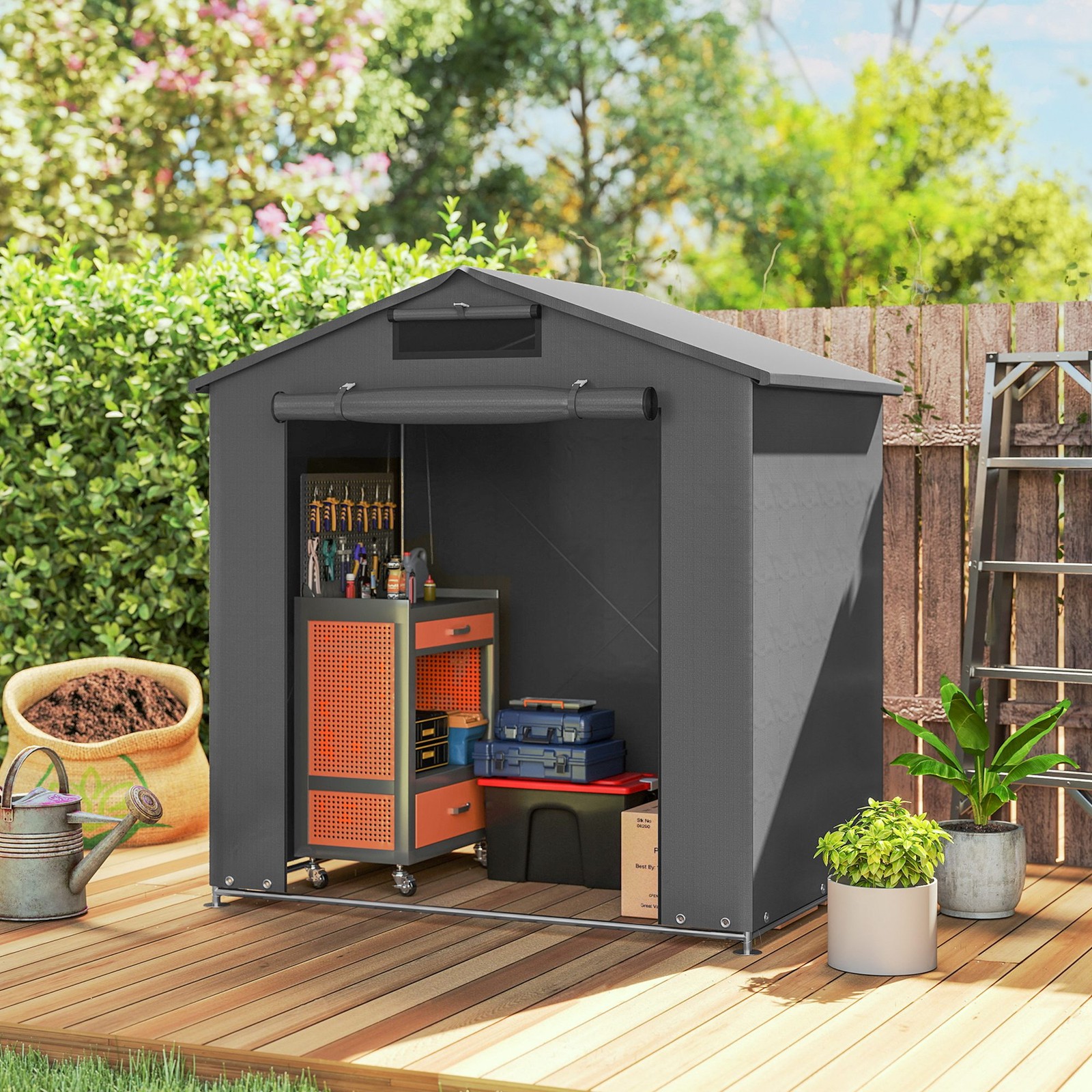 6 x 4 ft Garden Storage Shed Tent with Roll-up Zipper Door, Dark Grey