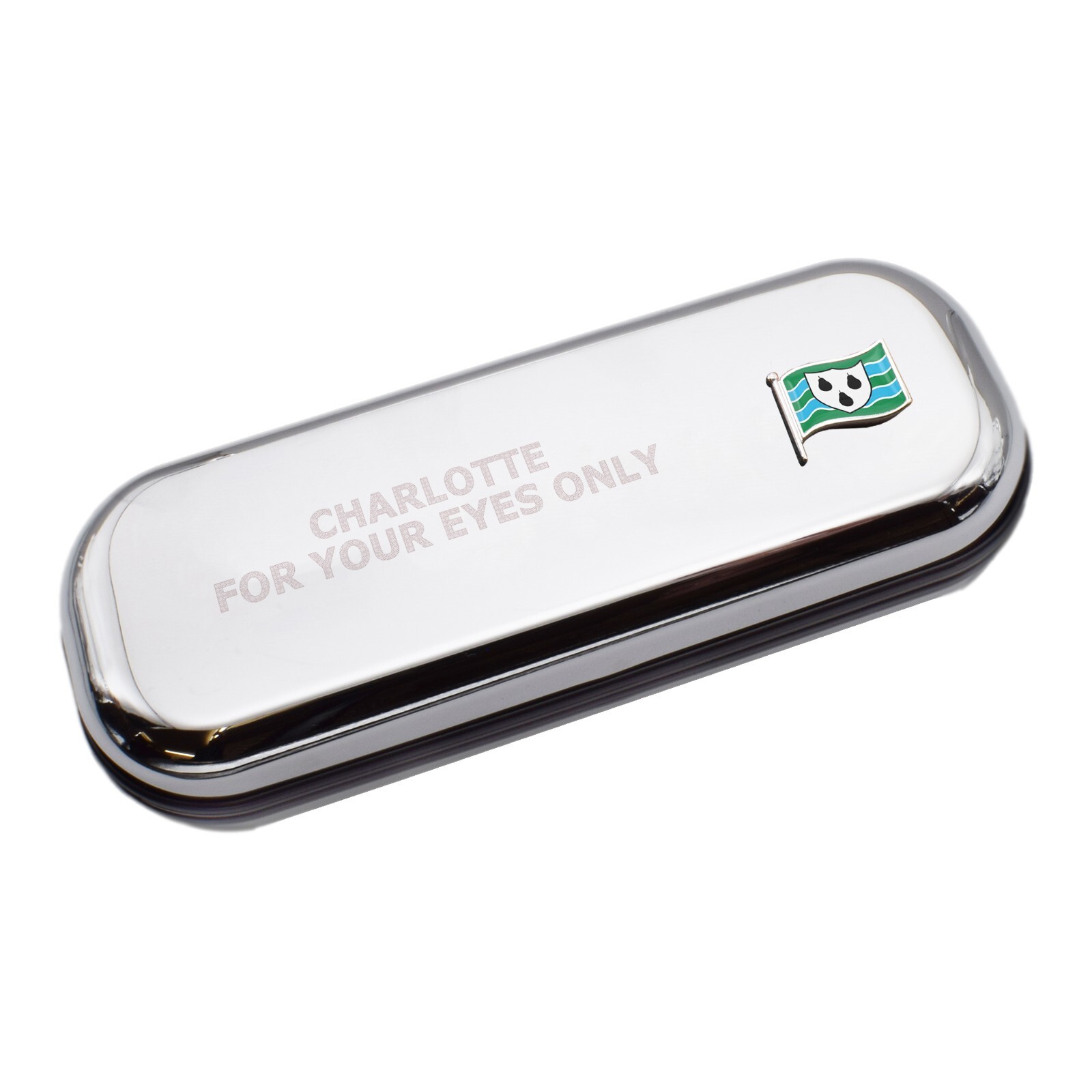 Worcestershire Wave Flag & Engraved With Message Chromed Glasses Case Box